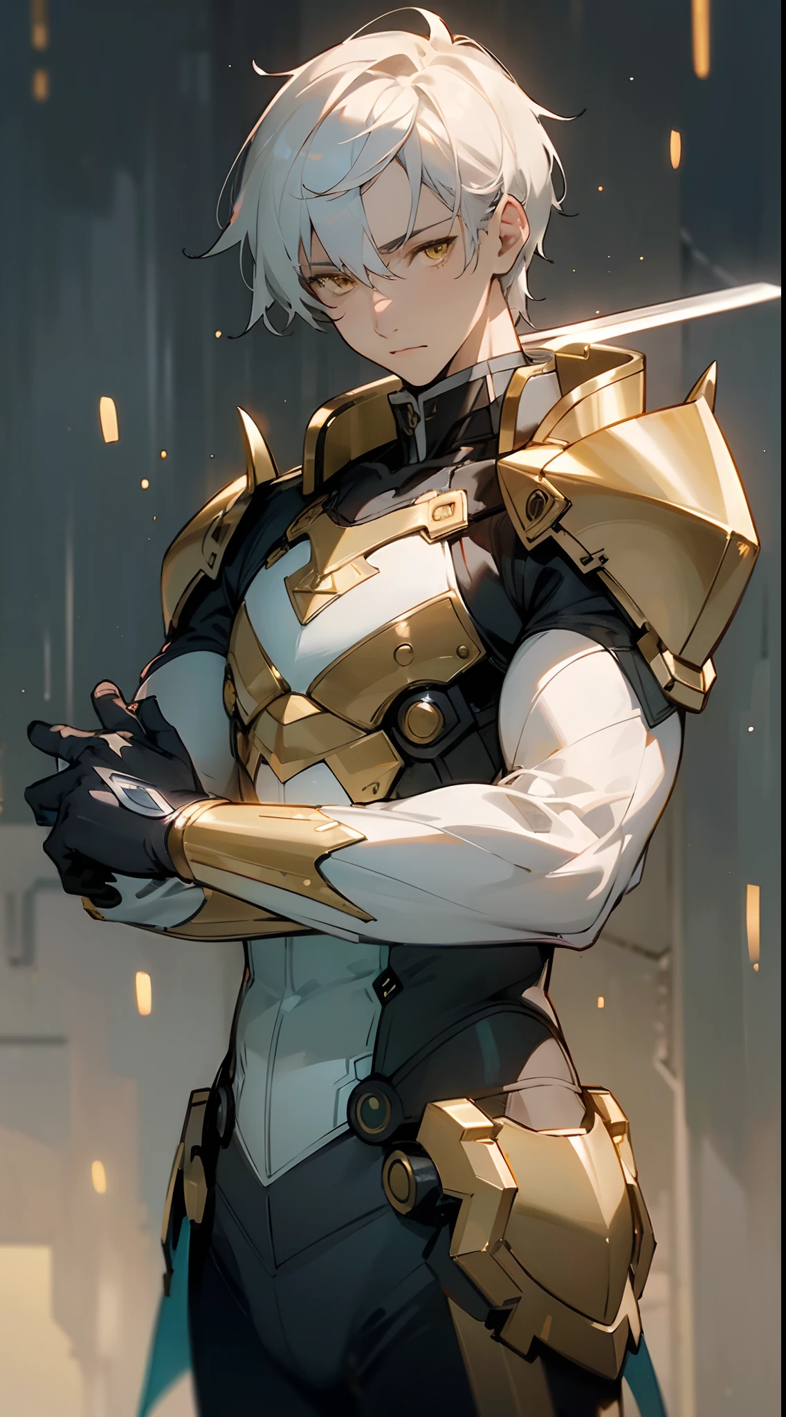 there is a man laying down with his eyes closed and his shirt open, handsome anime pose, anime handsome man, handsome guy , male anime style, handsome prince, anime portrait of a handsome man, (masterpiece, best quality:1.3),beautiful detailed glow,best illuminate,(((best quality,textile shading,ultra detailed))),extremely detailed CG unity 8k wallpaper,Highly Detailed beautiful and aesthetic,best light,high resolution,detailed,dynamic lighting , mix of sword art online and futuristic style clothes , detailed, 1Character , blue archive art style ,  pastel washed out colors , cell shade , soft, muted shades ,gentle colors , Handsome man , White hair , very Short hair , gold eyes , light skin , mature man , pale skin , muscular, tall , age 35 ,
