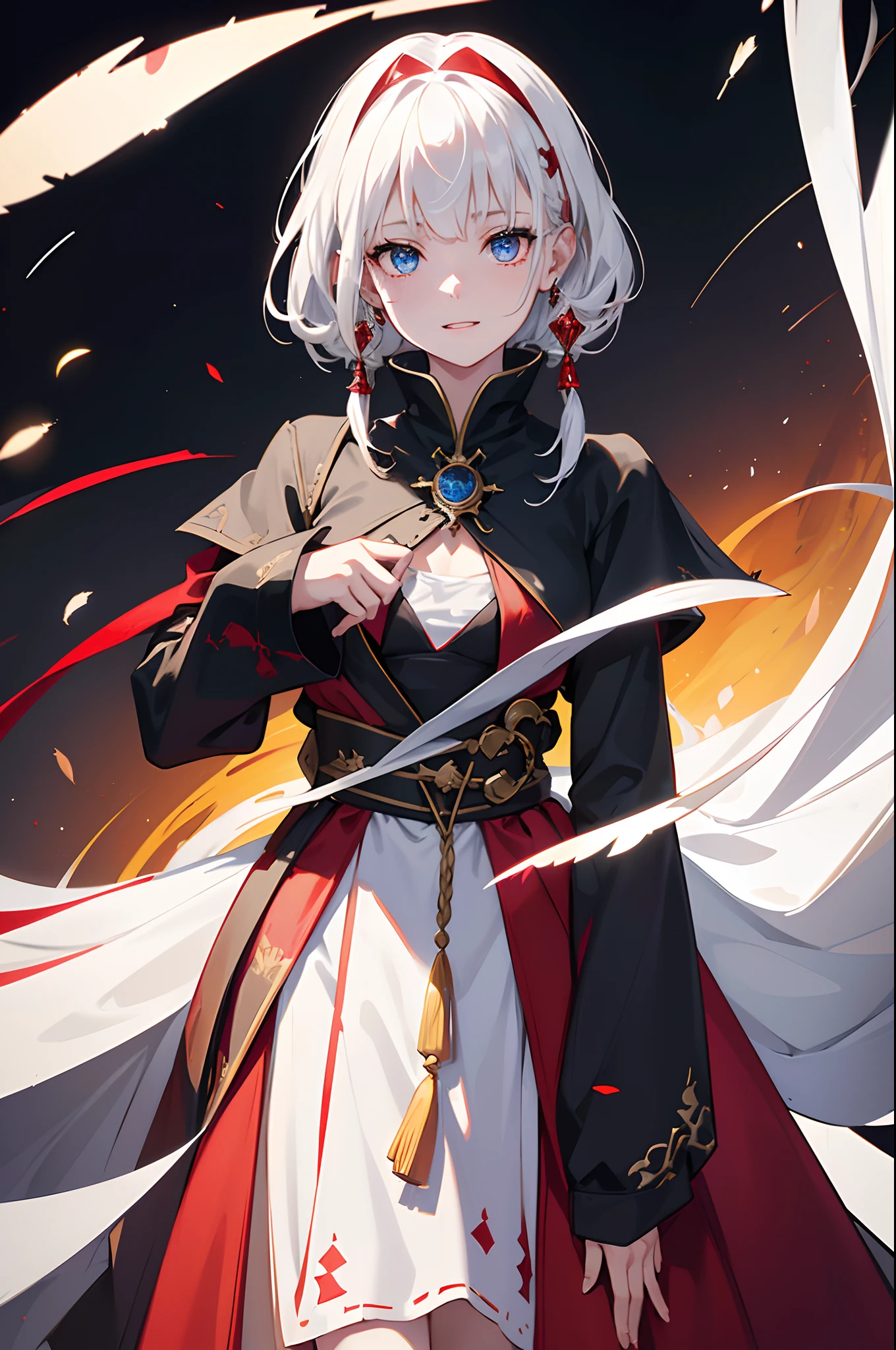 A girl,squinty eyes,Red lines on the face,sapphires,ear jewelry,ssmile, burning feathers,, with short white hair, white Pigtail, Prompts are highlighted in red, Blue eyes, Black and red pattern robes,Very long sleeves,Wrapped in a blood-stained white bandage, Scattered white fragments,, Tattered black full-body armor, and a tattered black hooded cloak. (Best quality,4K,8K,A high resolution,Masterpiece:1.2), Ultra-detailed, (Realistic,Photorealistic,photo-realistic:1.37), hdr, hyper HD, Studio lighting, Ultra-fine painting, Sharp focus, Physically-based rendering, Extreme detail description, Sky red giant eye pattern,Medieval metropolis,the clock tower