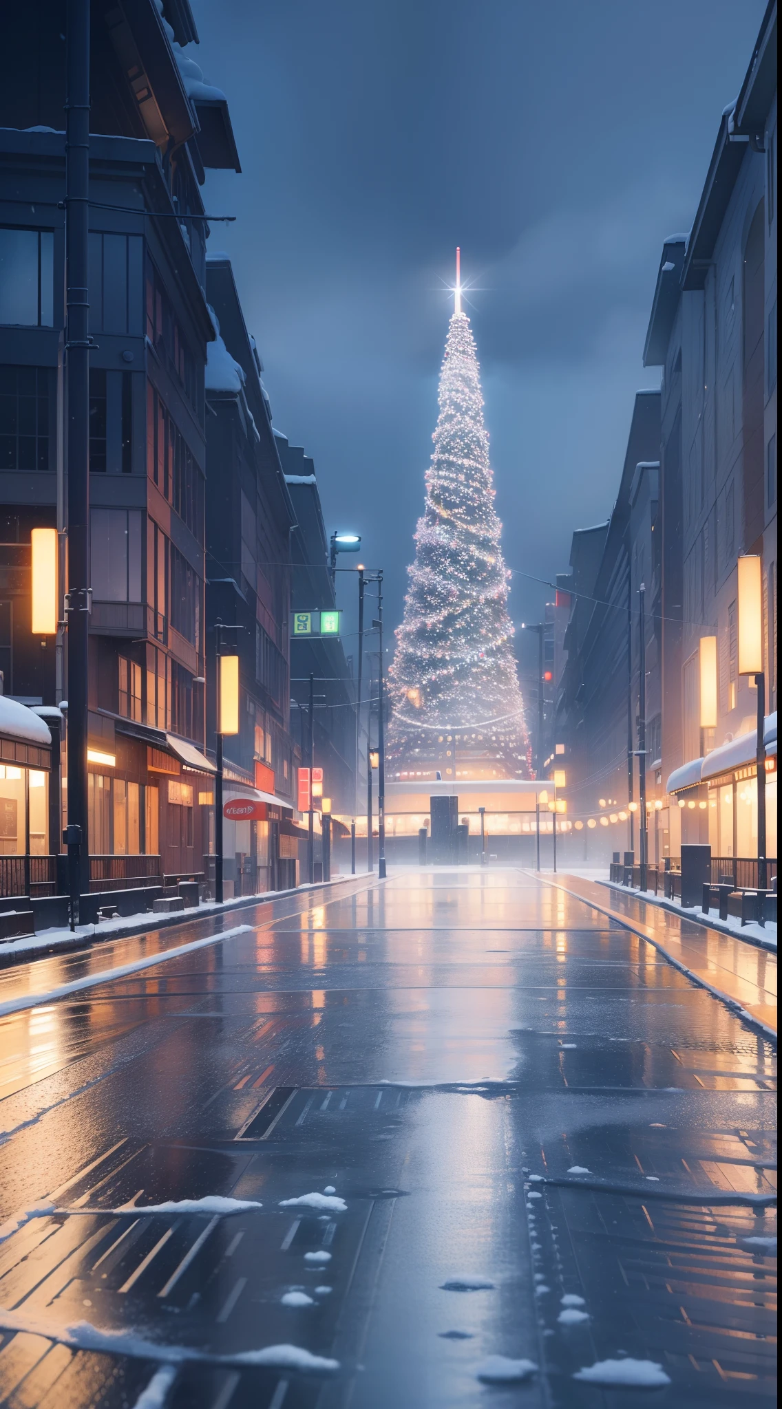 (No People), Unattended, No One, Landscape, Winter, Rainy, City, Tokyo, Sidewalk, Snow, Light Up, Night, HD Detail, Ultra Detail, Film, Hyper Realism, Soft Light, Deep Focus Bokeh, Ray Tracing, Art Station pixivgwise, Makoto Shinkai, Art Germ