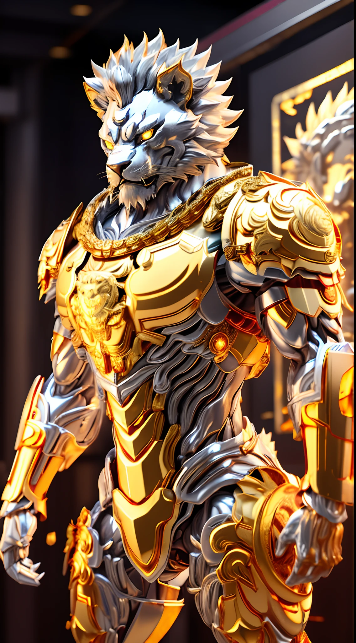 CHINESE LION, (Gold, Silver:1.5), LION HEAD, HEAVY CRYSTAL ARMOR, TRANSPARANT, MUSCLE BODY.