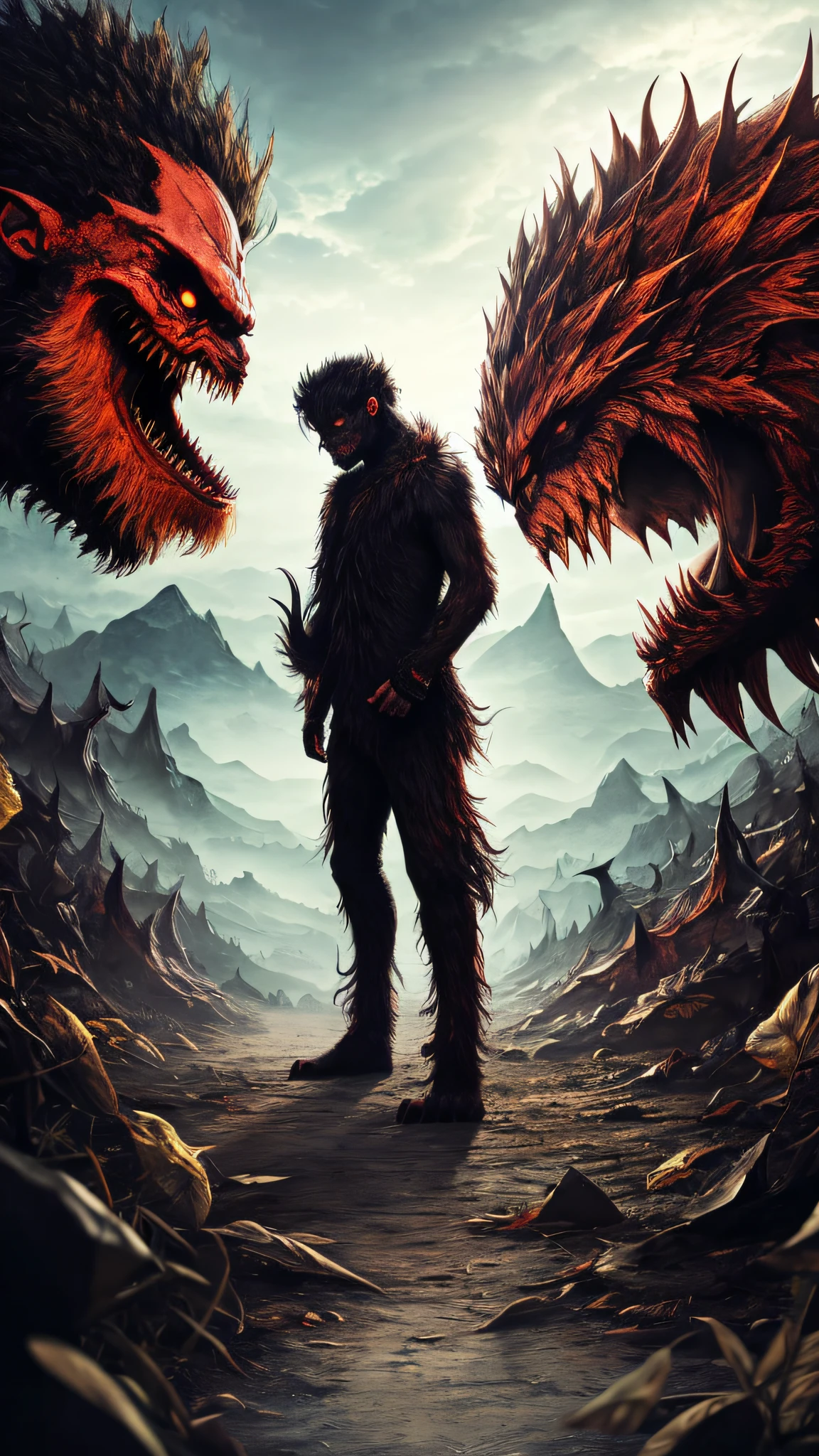 male , with long red hair, Black Wings, facing a monster with your hands