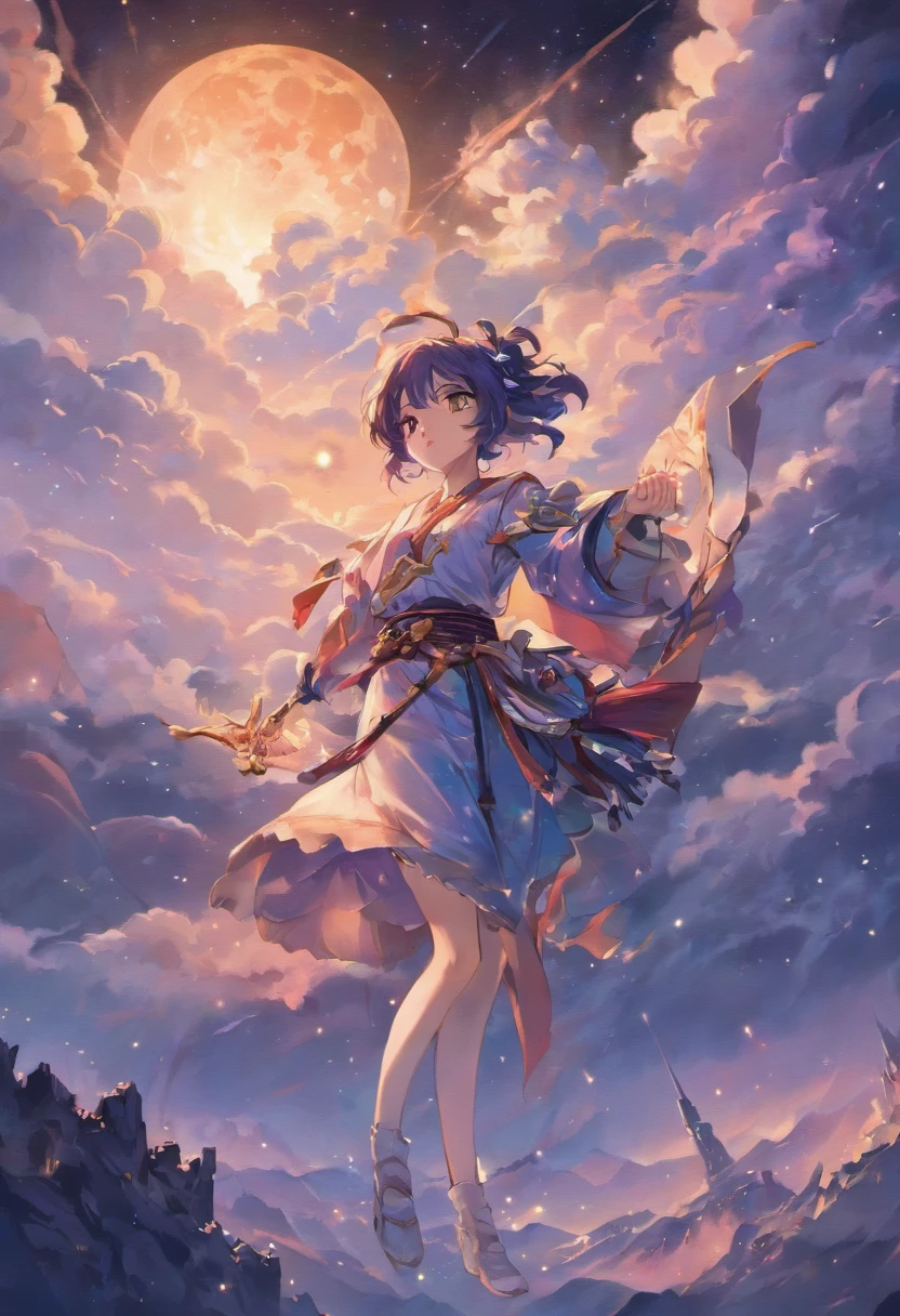 (Ying Dragon God), (Through the Clouds), (Top of the Mountains), (Complex), (Super Detail), (Starry Sky Background), (Stout Limbs), (Moon Night), (Ultra Clear), (Best Quality)