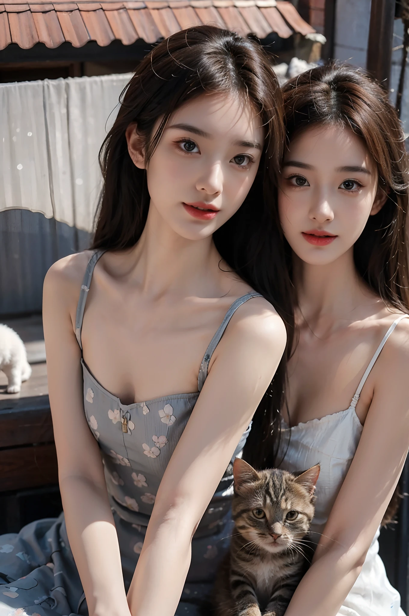 Cartoon, Disney style, oil painted, Intricate, Two adult cats,two kittens, on a rooftop, Can feature portraits, kindness, Beauty, softness, Big beautiful eyes, voluminetric lighting, Beautiful, rich deep color, Masterpiece, Sharp focus, Ultra detailed, astrophotography,ray tracing