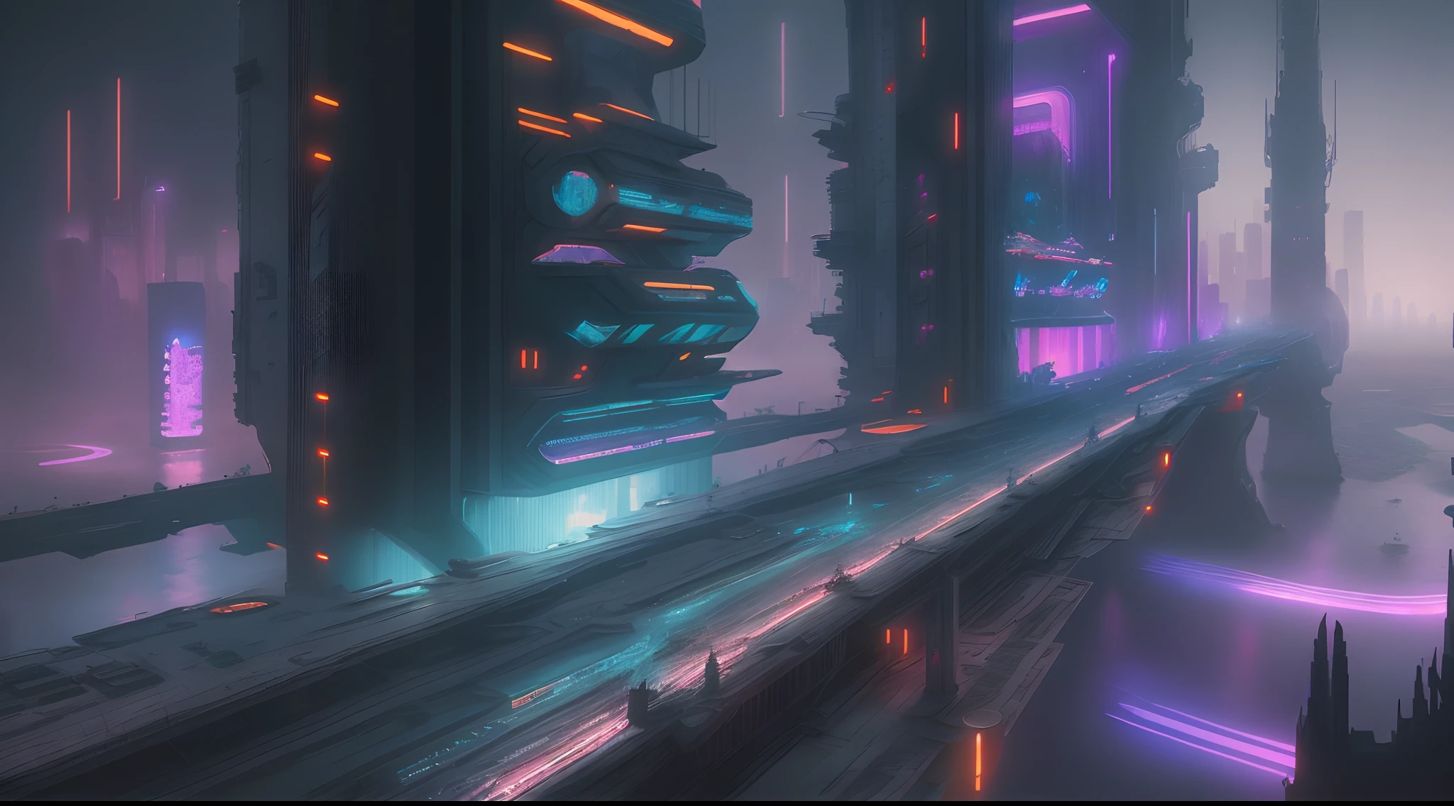 Futuristic Cyberpunk City with river, scenography, Blade Runner city, fantastical scenes, insane details, glowing LED lights, megastructures, trending on ArtStation.