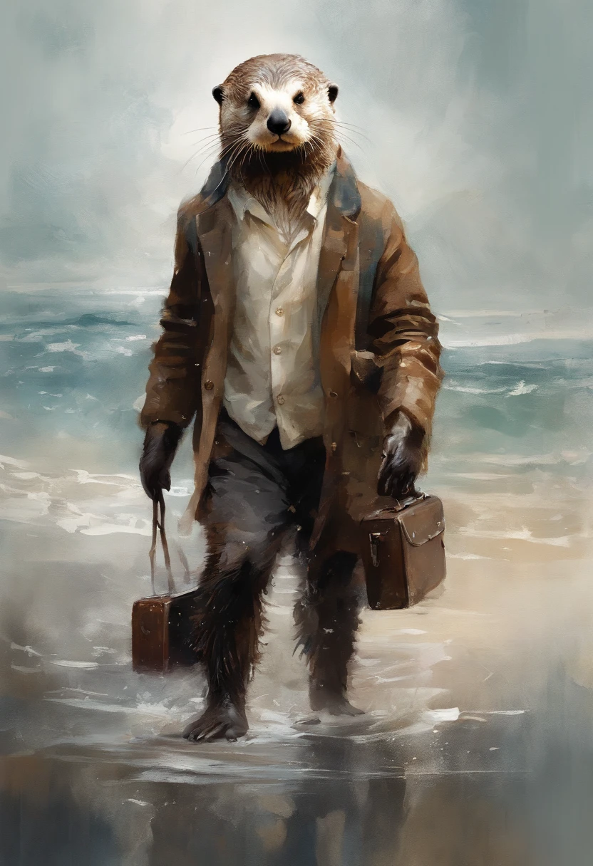 Perfect centering, Cute sea otters, Pulling the suitcase, sad, Standing position, Abstract beauty, Centered, Looking at the camera, Turn sideways to the camera, nearing perfection, Dynamic, Highly detailed, smooth, Sharp focus, 8K, high definition resolution, illustration, Art by Carne Griffiths and Wadim Kashin, White background