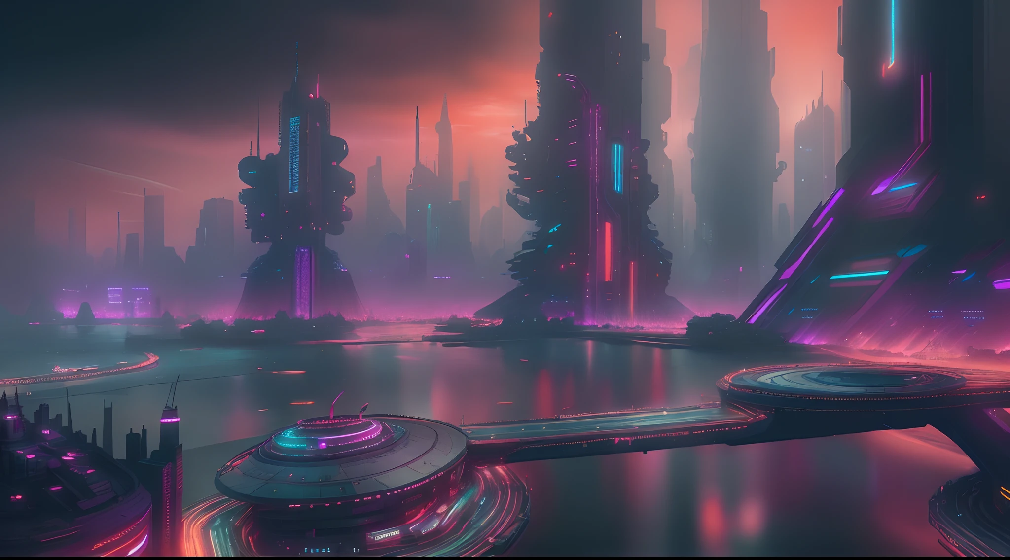 Futuristic Cyberpunk City with river, scenography, Blade Runner city, fantastical scenes, insane details, glowing LED lights, megastructures, trending on ArtStation.