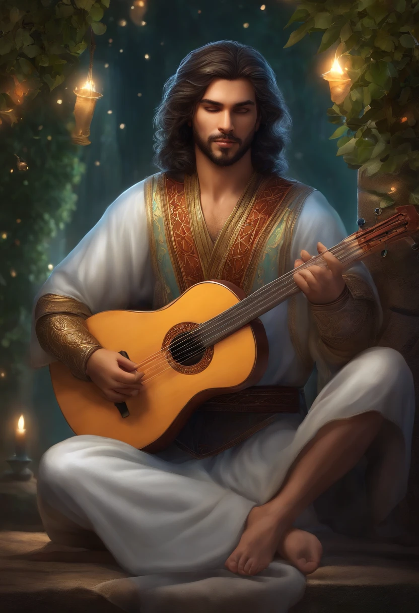 character is a Qareen, which is a race from the Storm universe. He is a skilled bard, com longos cabelos dourados e olhos brilhantes. He is wearing a colorful robe with elven details, and carries with it a magical lute that emits a soft, enveloping light. His skillful hands glide down the strings of the instrument, criando melodias encantadoras que ecoam pelo ar. Ele tem um sorriso gentil no rosto, transmitindo alegria e serenidade.