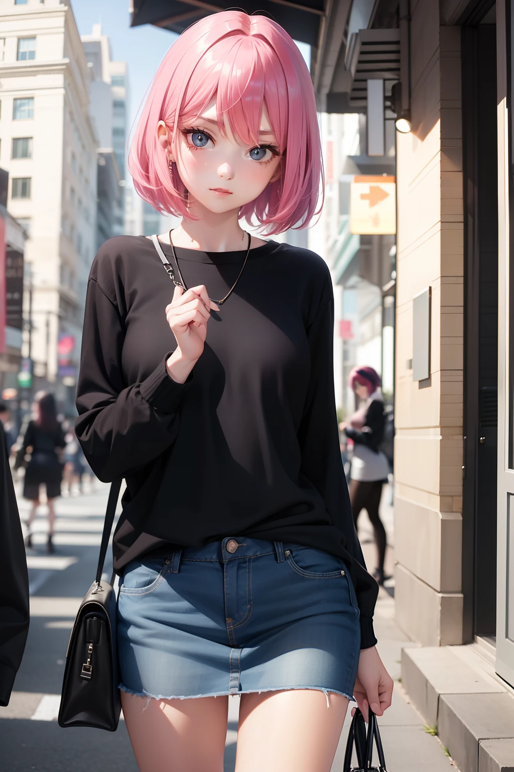 Leader of Runaway Bad Girl, Long Black Jumper, a cool、Skin Jean Miniskirt, short pink hair, Looking at the viewer, Front view,