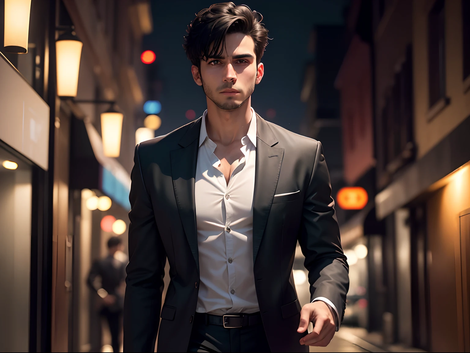 realistic 8k image of a 25 year old man, short black hair, wearing a black blazer with a white blouse underneath, determined expression, walking down a night street, night scene