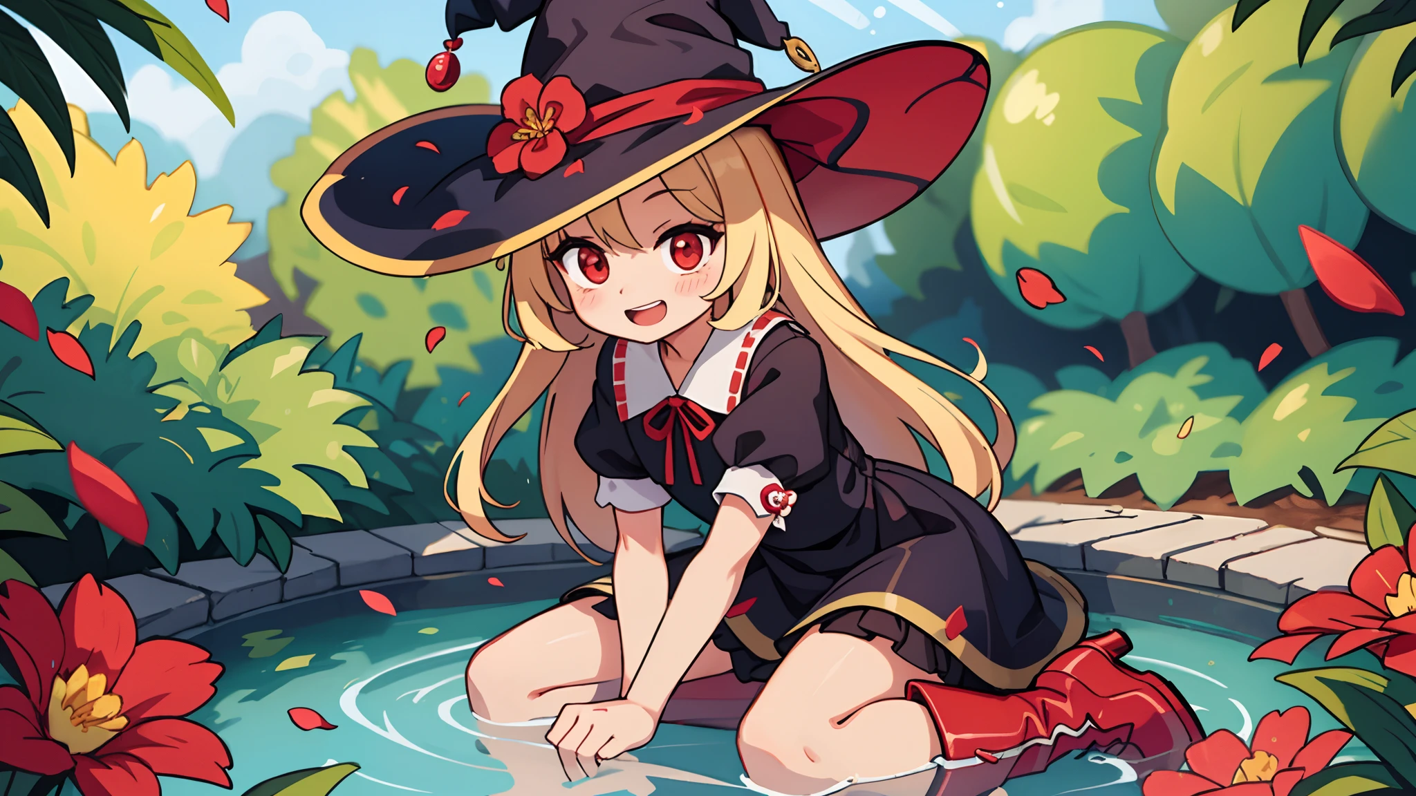 nendroid、1girl in,Witch,Long hair, Blonde hair, Witch Hat,Red Eyes,Puffy sleeves,Dress,Red_Footwear, Short sleeves,long boots、Open mouth and big smile、Water droplets on the cheeks、pretty pose、up of face、Eye Up、Flowing iridescent silk、There are flowers even in front of you、flower petals、season!!: 夏天☀ 🍂