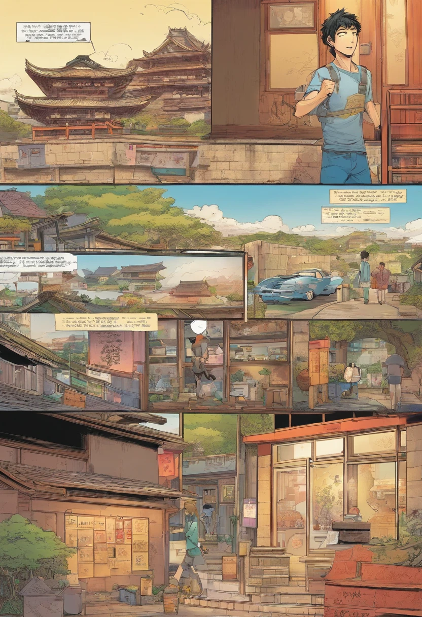 Japanese comics, the comic story is presented in multiple irregular panels with color. The Muscular 18 year old Japanese male goes through hardships while running away from home and then reunites with its brother. The style is exaggerated and detailed