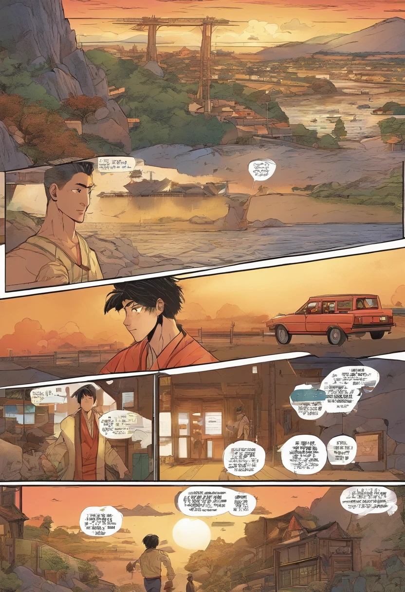 Japanese comics, the comic story is presented in multiple irregular panels with color. The Muscular 18 year old Japanese male goes through hardships while running away from home and then reunites with its brother. The style is exaggerated and detailed