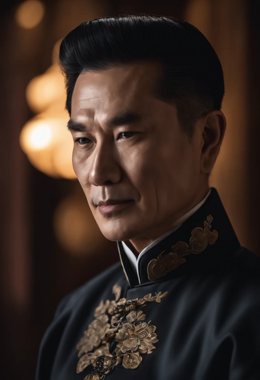 1man,A 50-year-old Chinese man,Wearing a black embroidered Zhongshan suit,Gentle face,The upper part of the body,frontage,gentlesoftlighting,tmasterpiece,best qualtiy,8K UHD,digital SLR camera,filmgrain,Midjourney and greg rutkowski's Fujifilm XT3 realistic painting art