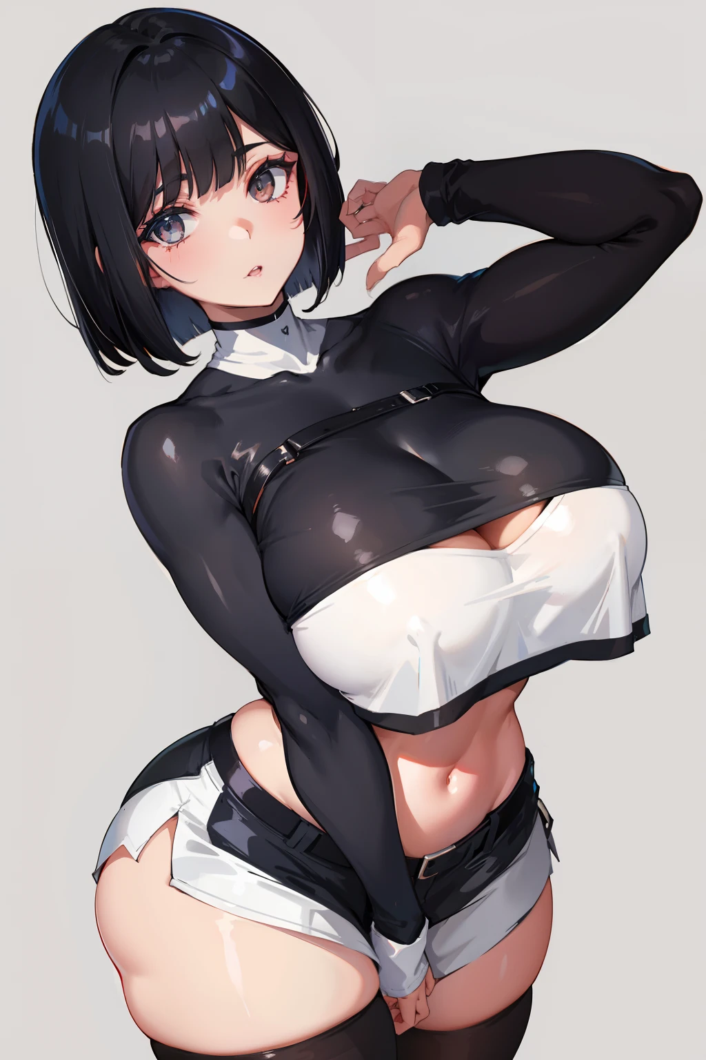 black hair, bob cut, Tight crop top, Grey miniskirt, curvy body, large breasts, white thigh highs