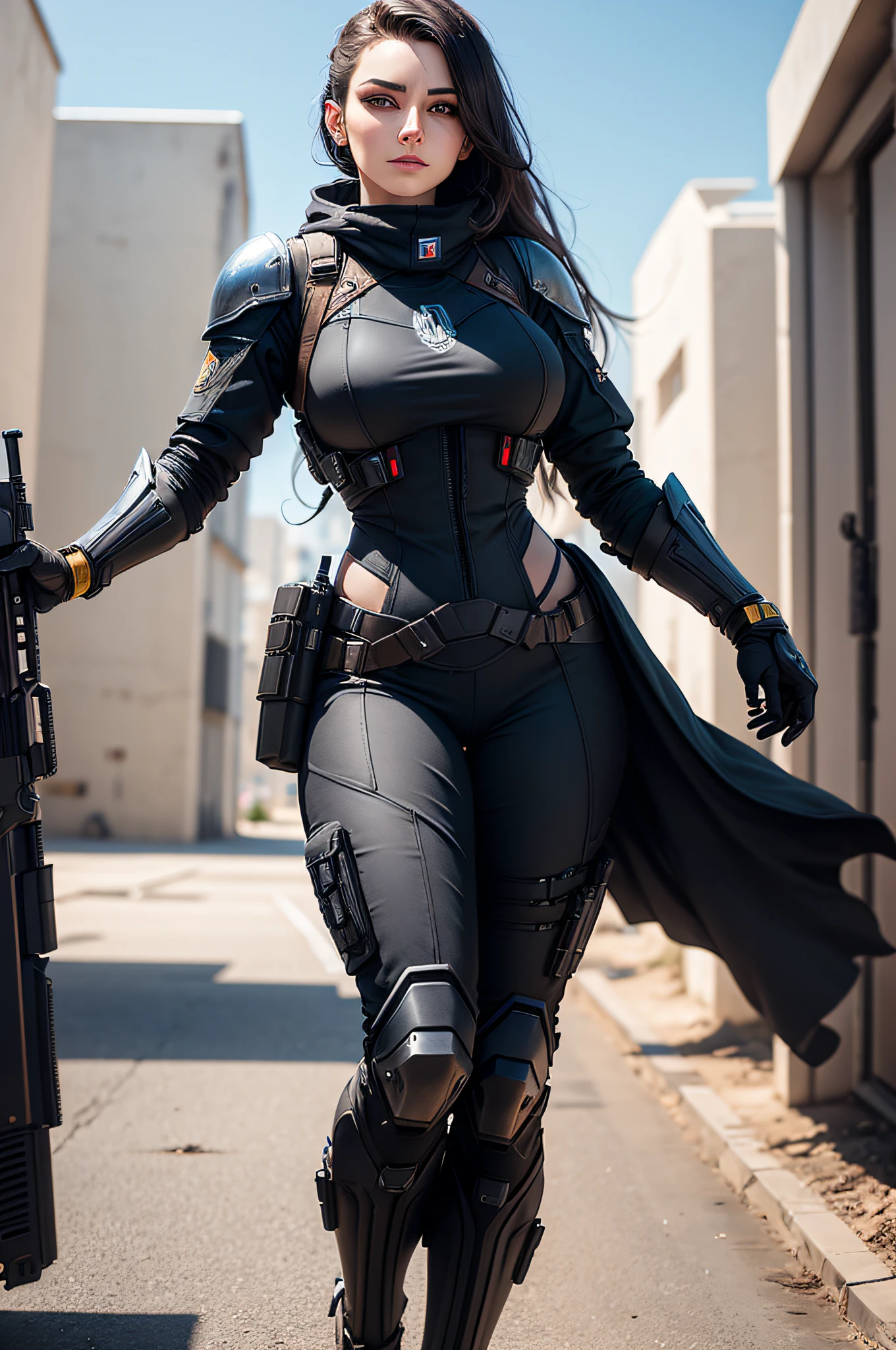 The Arad woman, dressed in black, holding a pistol, wearing clothes and armor, dressed in sci-fi military armor, dressed in tactical armor, Like a character from Overwatch, professional cosplay, realistic cosplay