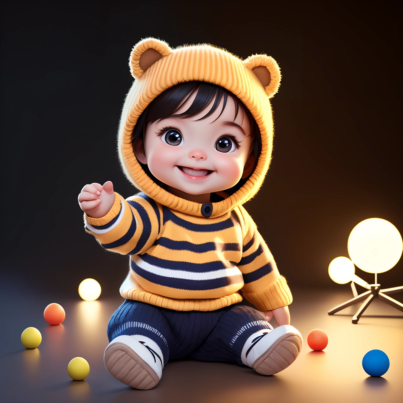 Capture a professional studio photograph of a baby bear standing, wearing a striped knit sweater, and smiling at the camera. Ensure the lighting is expertly done to highlight the bear's adorable presence. Use a black studio background to create a clean and focused composition. Emphasize the textures and colors of the bear's sweater for a heartwarming and charming image.