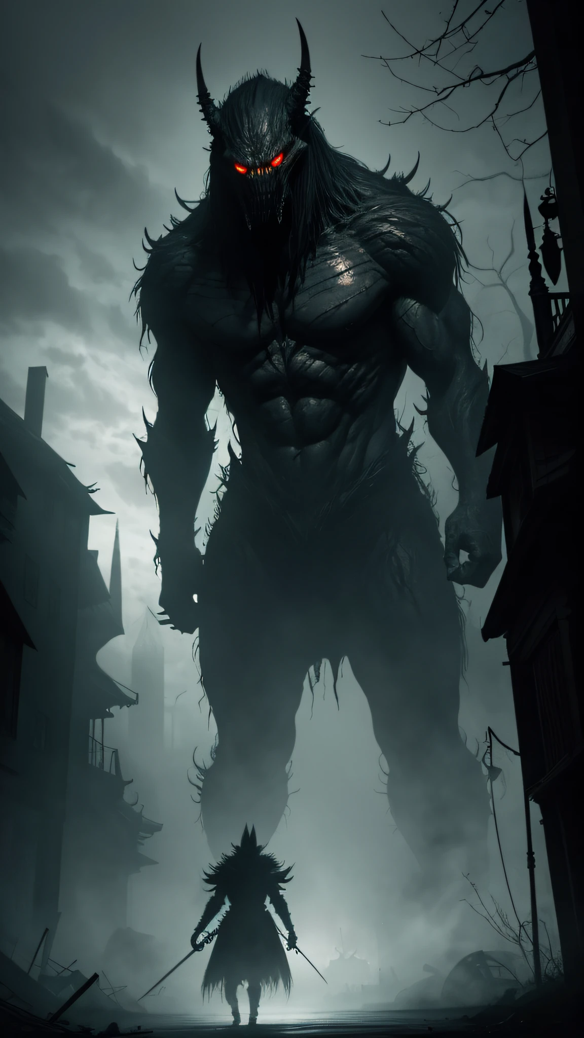 Create an eerie scene where a monstrous creature lurks in the shadows, its menacing features barely visible but conveying a sense of imminent danger and fear.