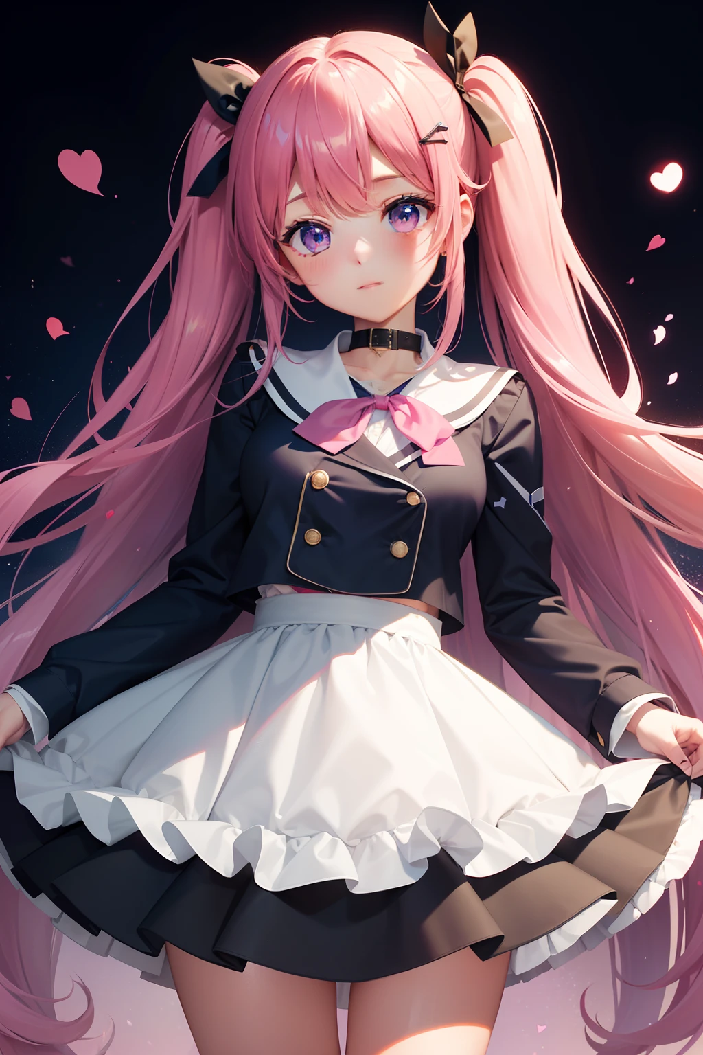 High school girl with beautiful eyes、High School Uniform、Dark blue blazer、Pink skirt、Pink ribbon、Heart-shaped choker、Long hair with pink twin tails、Schools、独奏、gazing at viewer、rainbows、optic、。.3D、hight resolution、top-quality、full body Esbian、8K Character Concept、32K、pixiv、illustratio、 ultra-detailliert、hyperdetailed face、Megapixel、 Ultra High Definition HDR、Clair、Overdecoration、● S180 - Rainbow 5