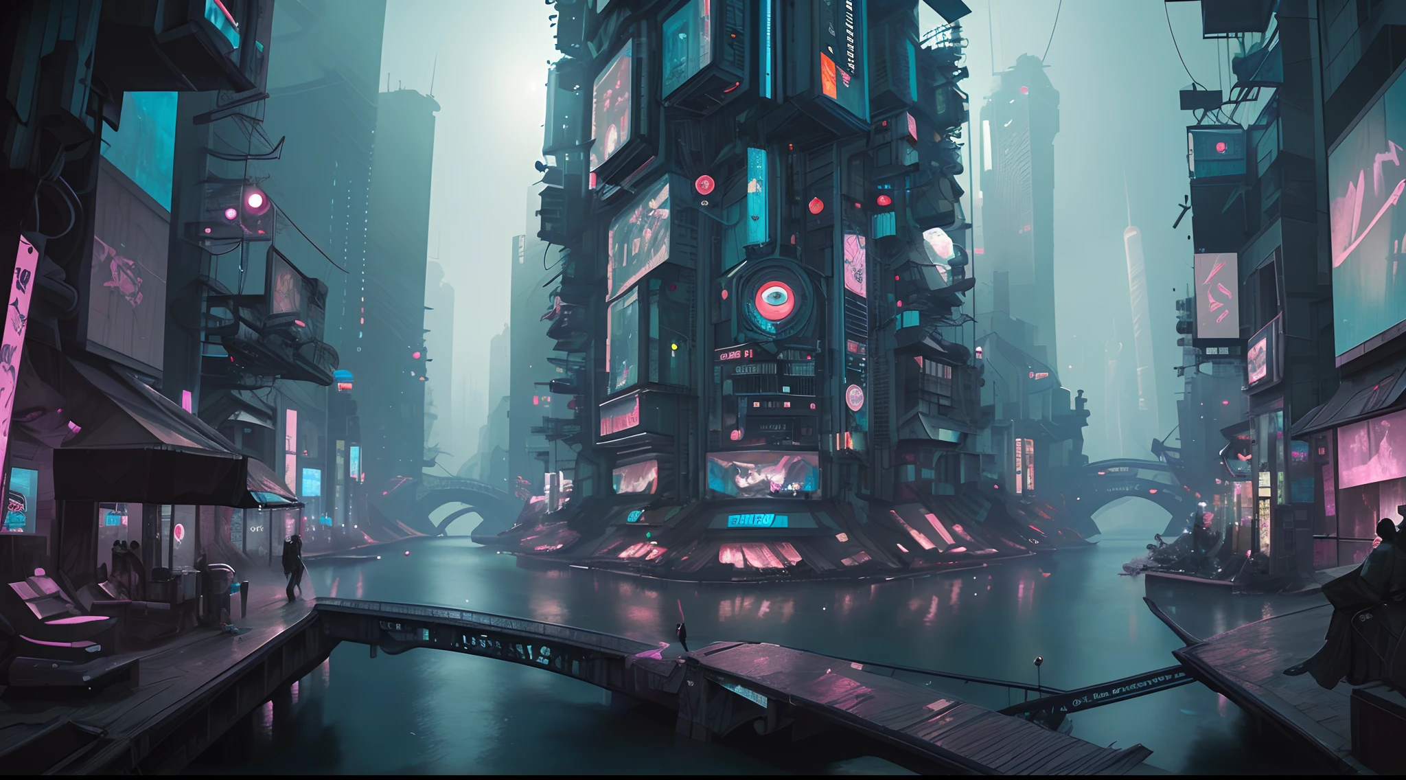 Futuristic Cyberpunk City with river, scenography, Blade Runner city, fantastical scenes, insane details, trending on ArtStation.
