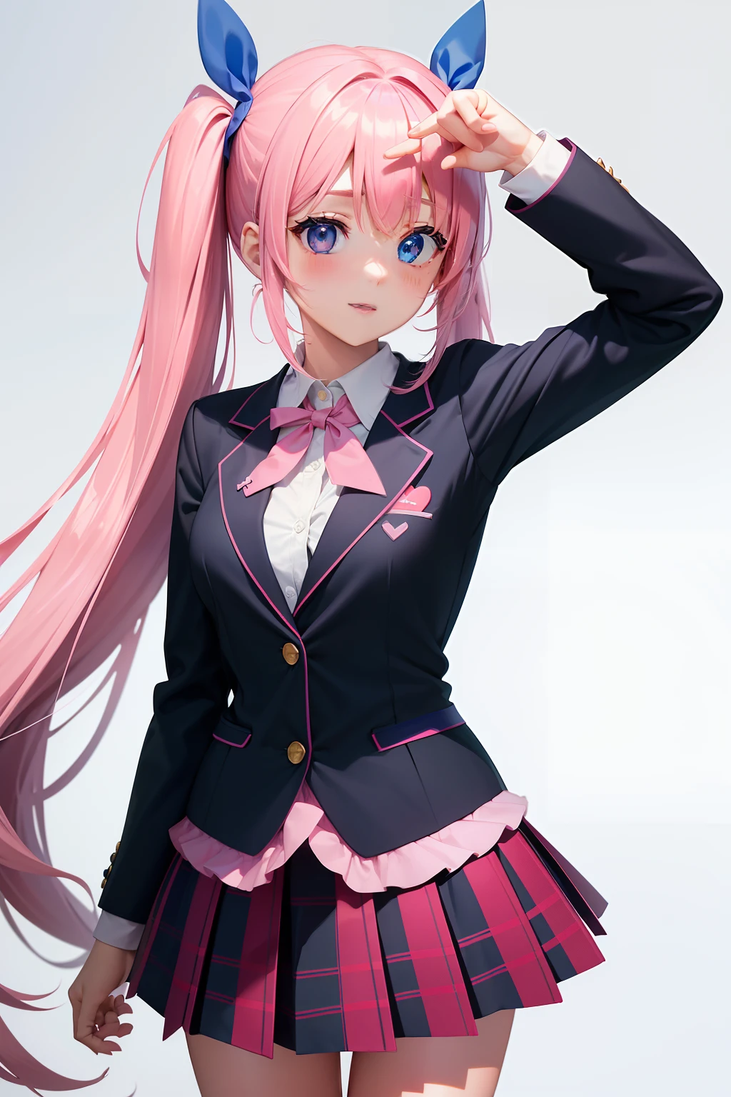 High school girl with beautiful eyes、High School Uniform、Dark blue blazer、Pink skirt、Pink ribbon、Heart-shaped choker、Long hair with pink twin tails、Schools、独奏、gazing at viewer、rainbows、optic、。.3D、hight resolution、top-quality、full body Esbian、8K Character Concept、32K、pixiv、illustratio、 ultra-detailliert、hyperdetailed face、Megapixel、 Ultra High Definition HDR、Clair、Overdecoration、● S180 - Rainbow 5