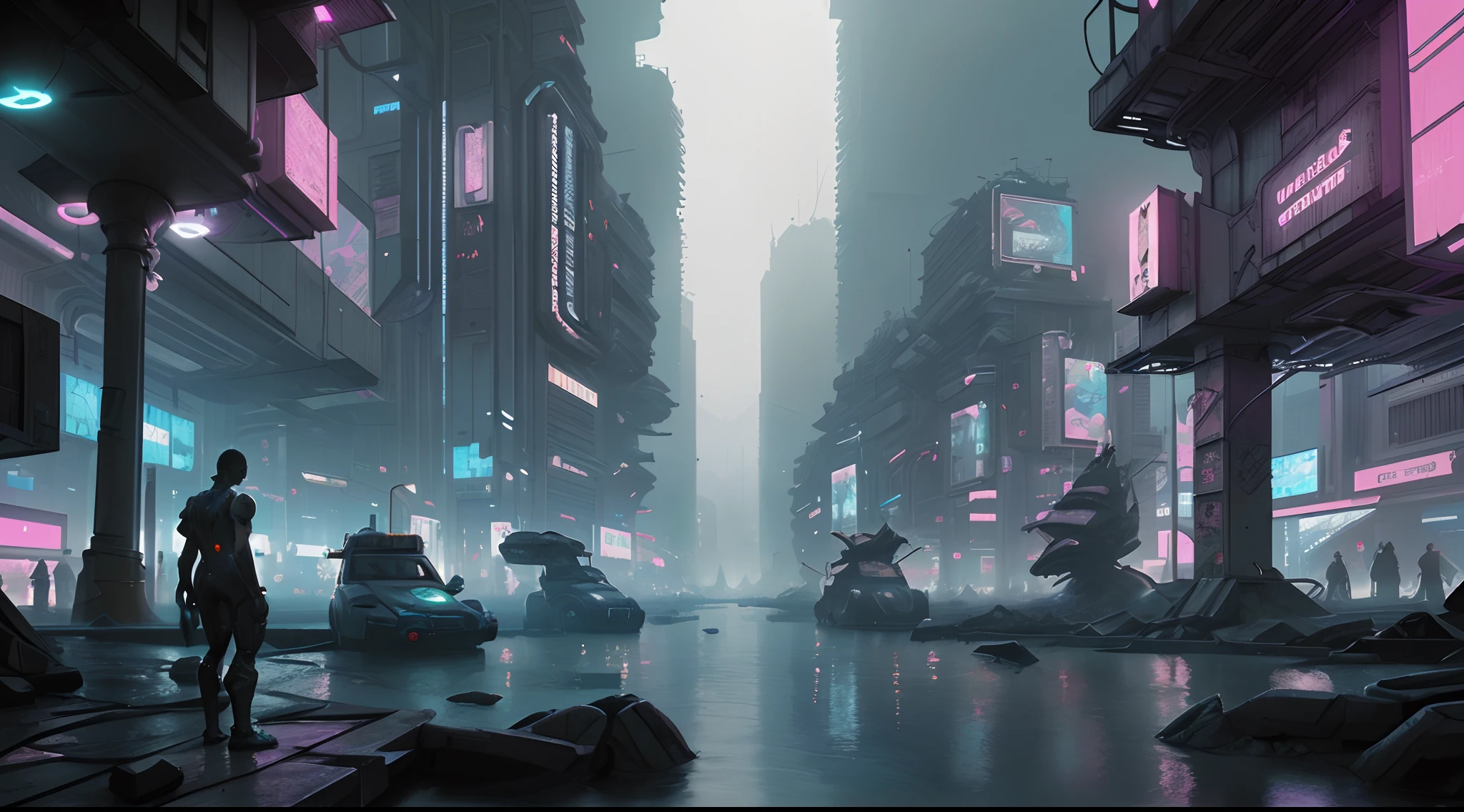 Futuristic Cyberpunk City with river, scenography, Blade Runner city, fantastical scenes, insane details, trending on ArtStation.