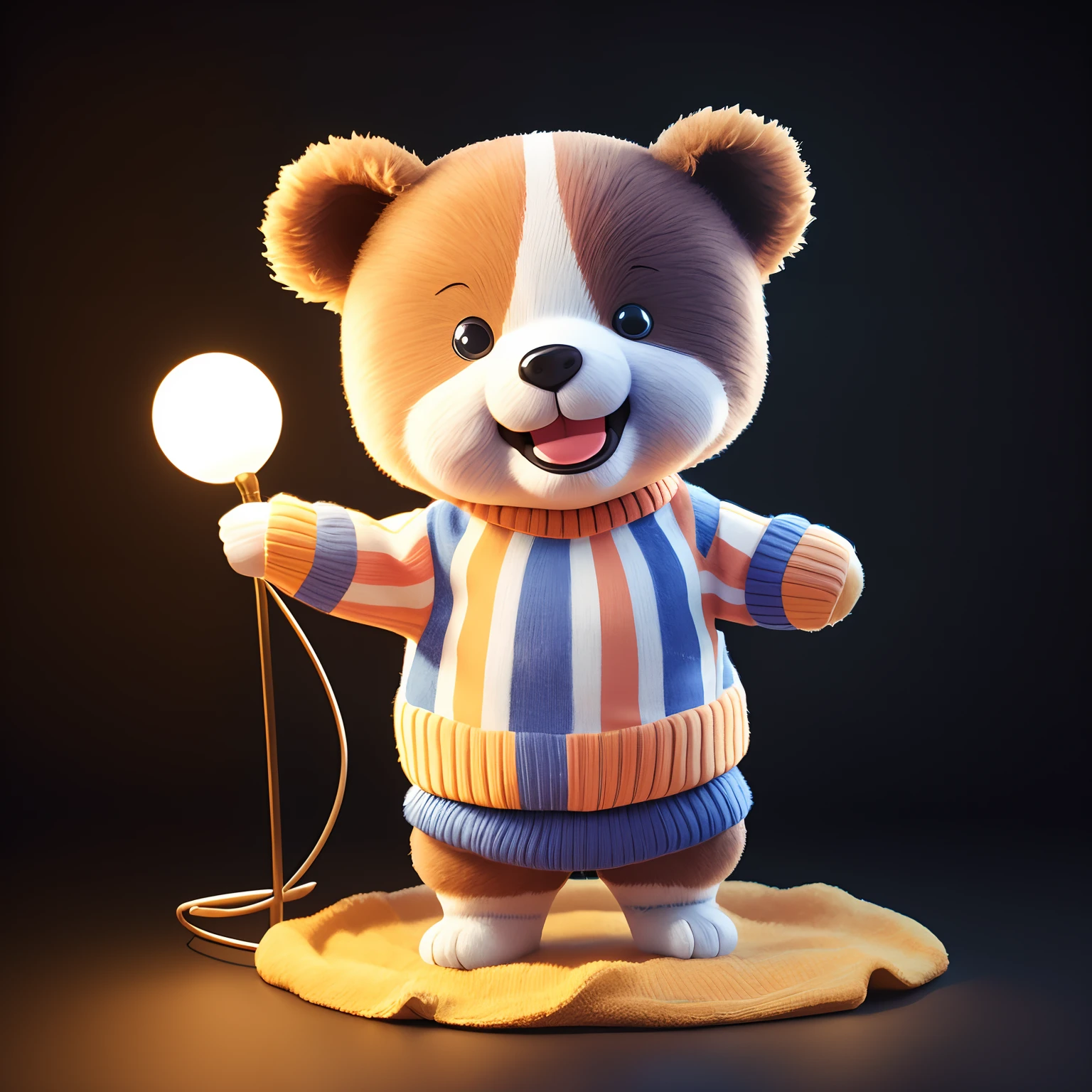 Capture a professional studio photograph of a baby bear standing, wearing a striped knit sweater, and smiling at the camera. Ensure the lighting is expertly done to highlight the bear's adorable presence. Use a black studio background to create a clean and focused composition. Emphasize the textures and colors of the bear's sweater for a heartwarming and charming image.