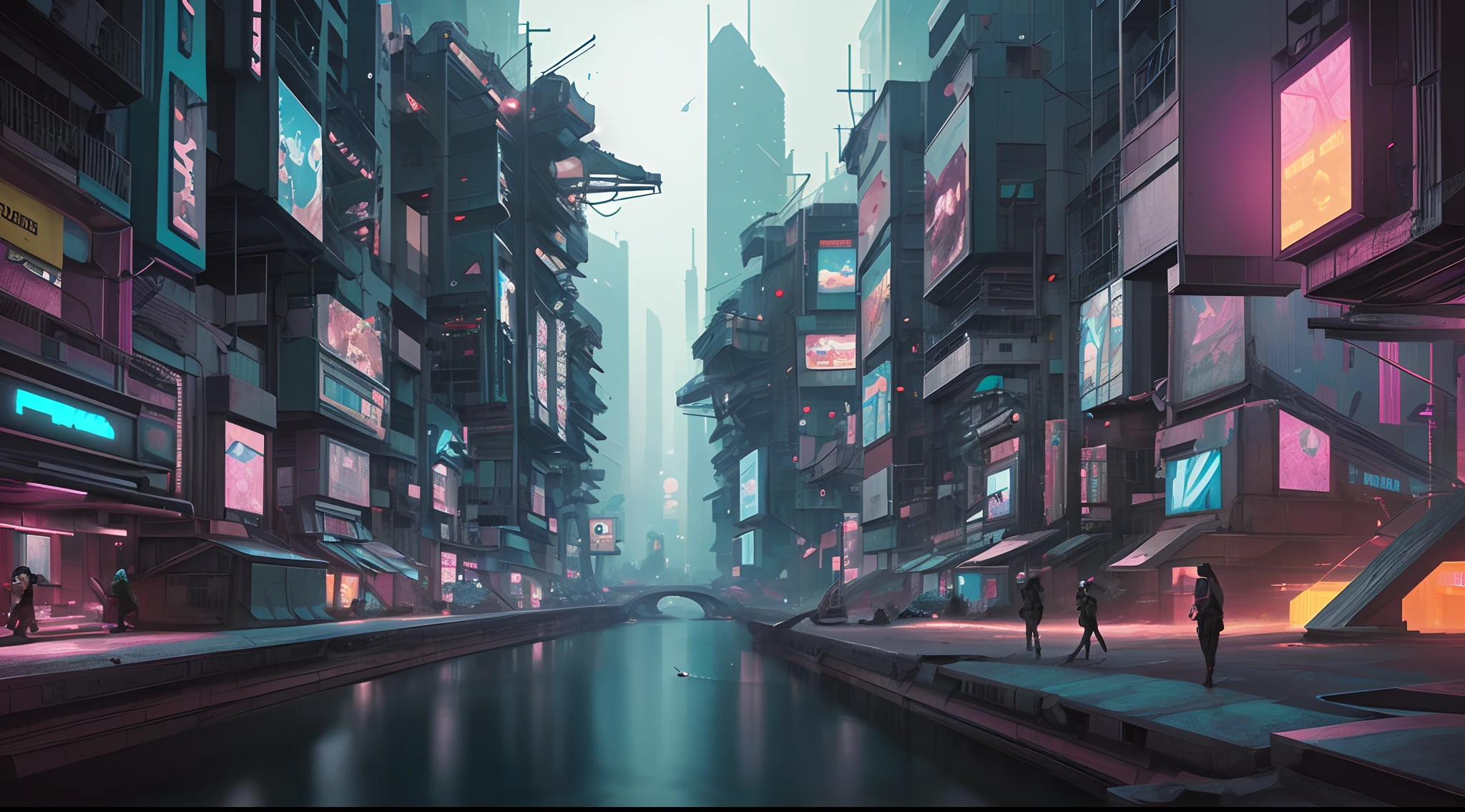 Futuristic Cyberpunk City with river, scenography, Blade Runner city, fantastical scenes, insane details, trending on ArtStation.