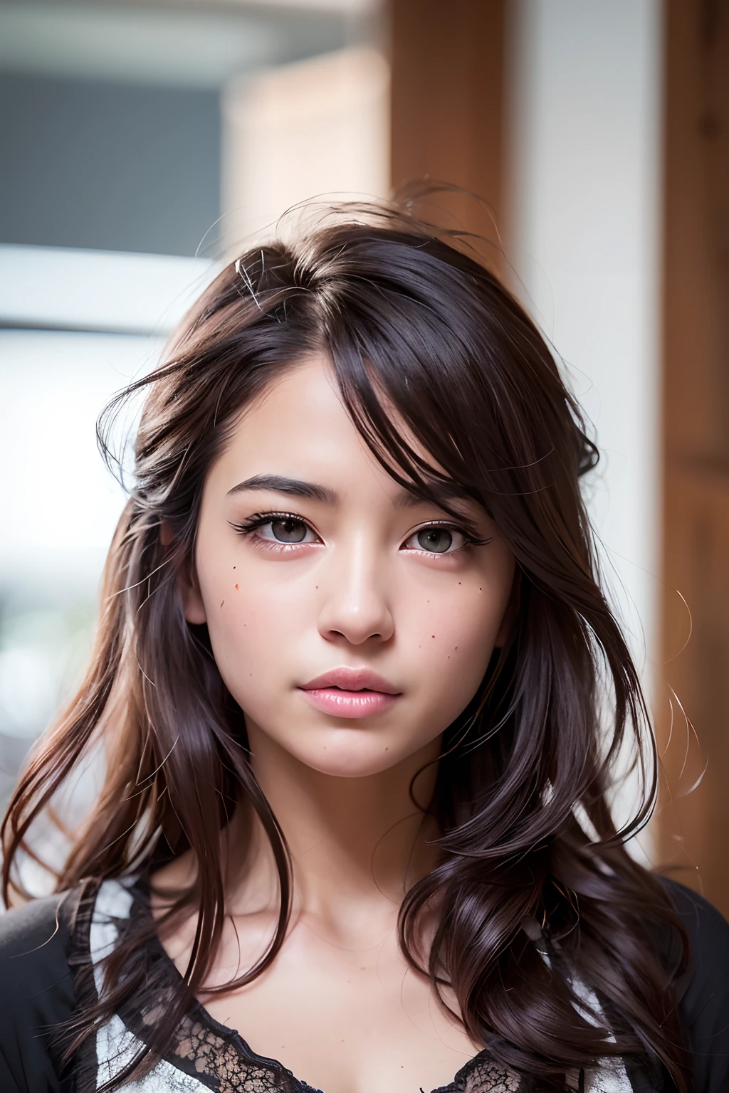 (realistic, photo-realistic:1.37),(8k, RAW photo, best quality, masterpiece:1.2), cute, ultra-detailed,heart-shaped pupils,physically-based rendering, ultra high res, kodakvision color, shot on Arricam LT Camera, bokeh, sharp focus,
looking at viewer,photorealistic,realistic, solo, photorealistic, best quality,extremely detailed face,extremely detailed eyes and face, beautiful detailed eyes,absurdres, incredibly absurdres,haunting smile,Messy hair, floating hair, ,