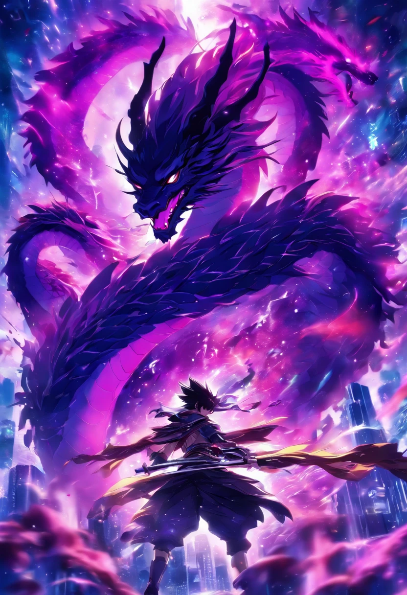 (a-purple-themed,18K resolution,altamente detalhado,master part:1.2),um jovem sinistro vestindo um manto branco,segurando uma espada brilhante roxa,poisonous substances in the air,with a faint ghostly silhouette of a purple dragon hovering over its head.