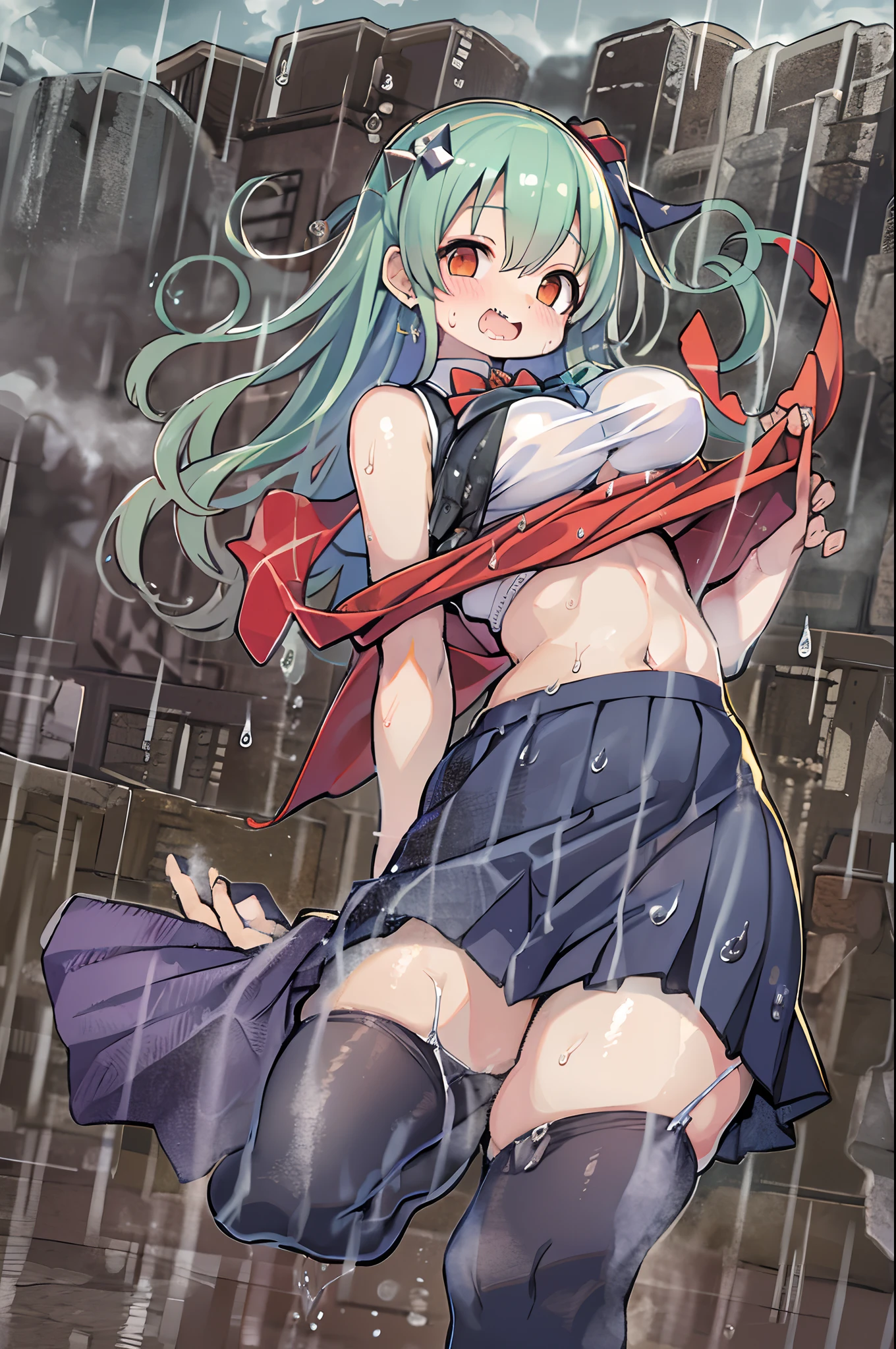 Best Quality, hight resolution, absurderes, Ultra-detailed, Suzuya_(kancolle), 1girl in, long_hair, Skirt, Solo, Shirt, Rain, Wet_Clothes, hair_ornament detached, Wet, breasts, Underwear, pleats_Skirt, See-through, bowtie, Red_Bow、bbw、thick thight、big butts、Ultramammy