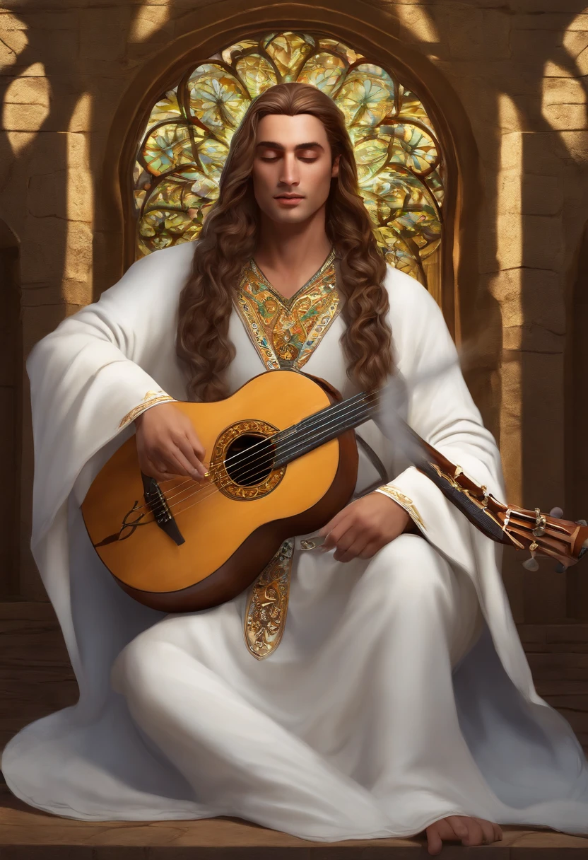 character is a Qareen, which is a race from the Storm universe. He is a skilled bard, com longos cabelos dourados e olhos brilhantes. He is wearing a colorful robe with elven details, and carries with it a magical lute that emits a soft, enveloping light. His skillful hands glide down the strings of the instrument, criando melodias encantadoras que ecoam pelo ar. Ele tem um sorriso gentil no rosto, transmitindo alegria e serenidade. He has a white owl that is always flying close to his shoulder