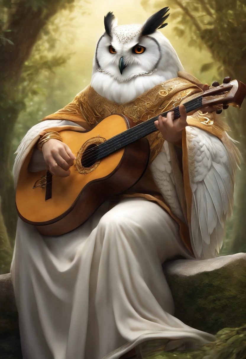character is a Qareen, which is a race from the Storm universe. He is a skilled bard, com longos cabelos dourados e olhos brilhantes. He is wearing a colorful robe with elven details, and carries with it a magical lute that emits a soft, enveloping light. His skillful hands glide down the strings of the instrument, criando melodias encantadoras que ecoam pelo ar. Ele tem um sorriso gentil no rosto, transmitindo alegria e serenidade. He has a white owl that is always flying close to his shoulder