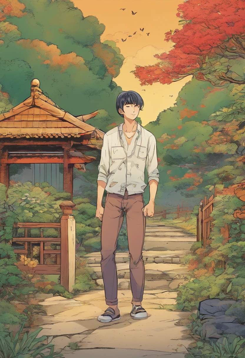 Japanese comic,tells the story of an 18 year old muscular Japanese man who walks with his younger brother in the garden