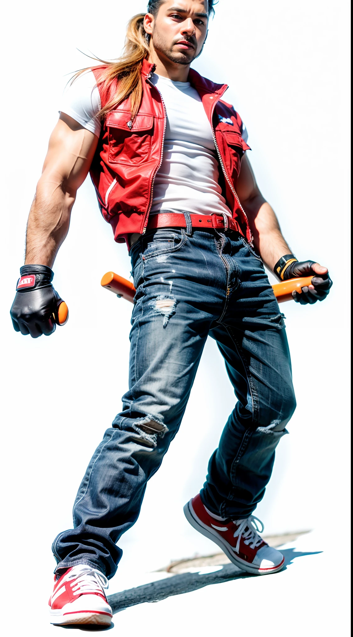 North American man, long hair yellow color, black cyclist gloves, red and white bone, white t-shirt, navy blue jeans, all star red sneakers, red jacket, ultra realistic image