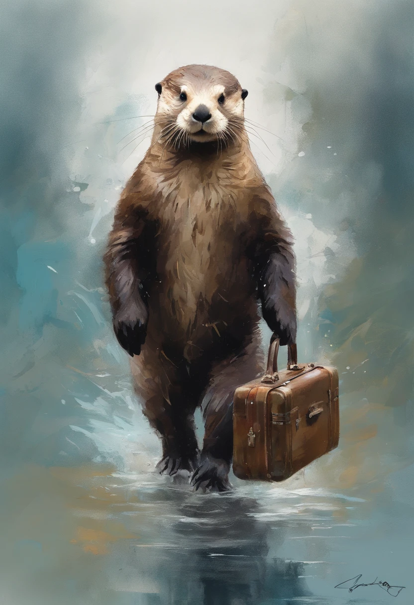 Perfect centering, Cute sea otters, Pulling the suitcase, sad, are worn, Standing position, Abstract beauty, Centered, With his back to the camera, nearing perfection, Dynamic, Highly detailed, smooth, Sharp focus, 8K, high definition resolution, illustration, Art by Carne Griffiths and Wadim Kashin, White background
