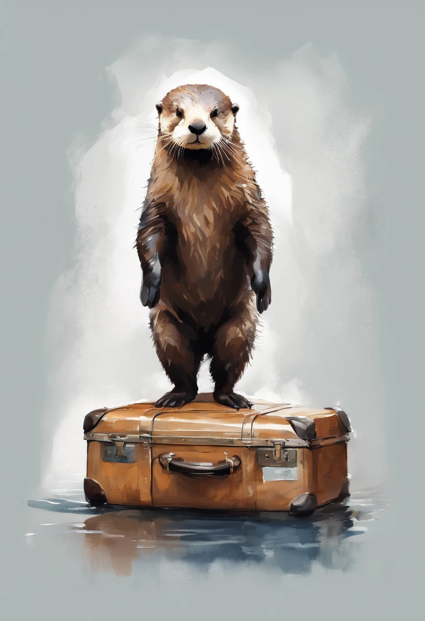 Perfect centering, Cute sea otters, Pulling the suitcase, sad, are worn, Standing position, Abstract beauty, Centered, With his back to the camera, nearing perfection, Dynamic, Highly detailed, smooth, Sharp focus, 8K, high definition resolution, illustration, Art by Carne Griffiths and Wadim Kashin, White background