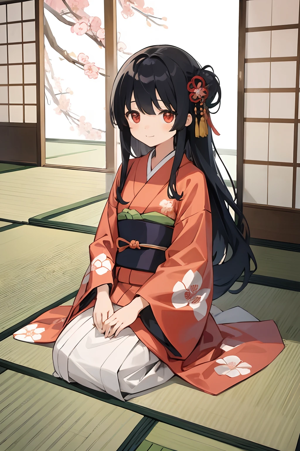 (masterpiece:1.2, Highest quality),(Anime Style),Visible from the knees to the head, Girl,Red Eyes,Black Hair,Long Hair,Forehead is visible,Navy blue kimono,Japan,Japanese-style room