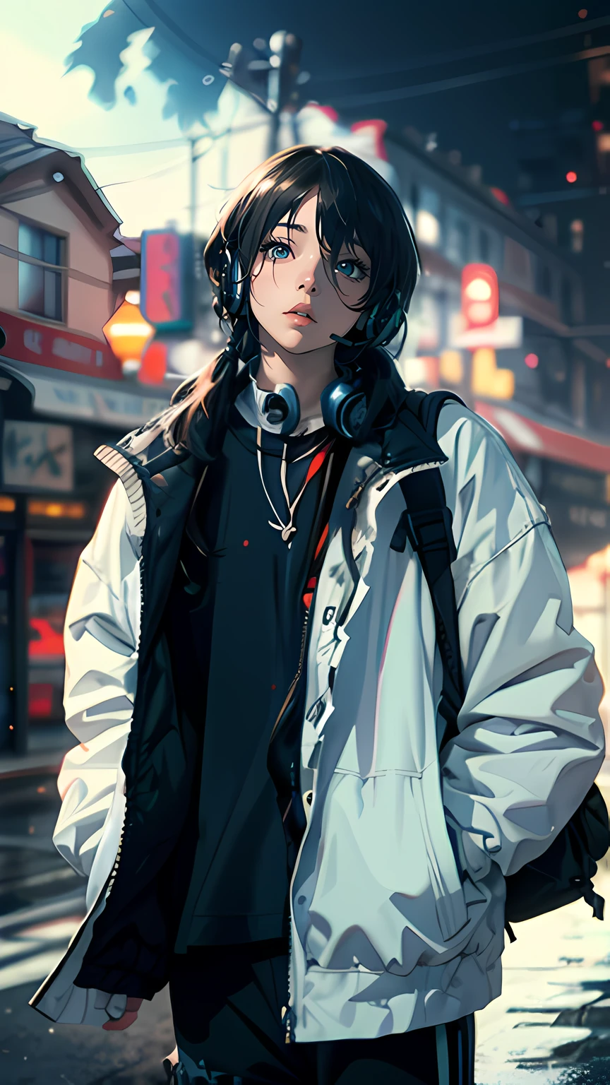 Sci-fi, RTX, Unreal, unity 8k,anime art, solo girl, young woman,perfect face,wide lips, side Bangs, Bob hair, short black hair, closed clothes, oversized clothes:1.2, long jeager pants, white clothes, oversized Sleeve, short Sleeve, distro, natural lighting, town, headset on neck:1.2,gamer style