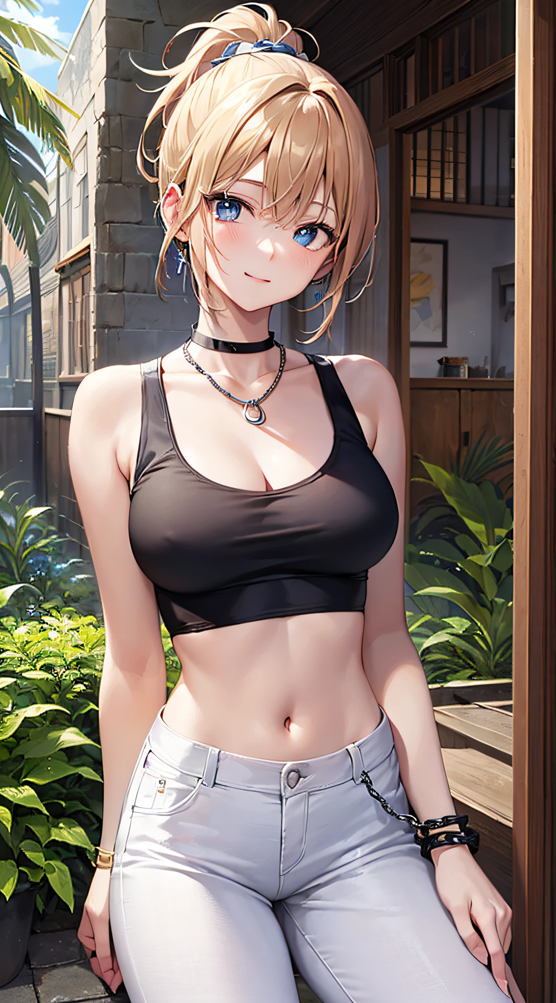 top-quality、Top image quality、​masterpiece、girl with((18year old、tatteredclothing、Black Navel Tank Top、White pants、Best Bust、Bust 85、a blond、disheveled ponytail、Blue eyes、open chest wide、Happiness、Chain Accessories、Black wristband on wrist、bending forward,A slender)）hiquality、visualart、Background with((Hawaiian))、masutepiece