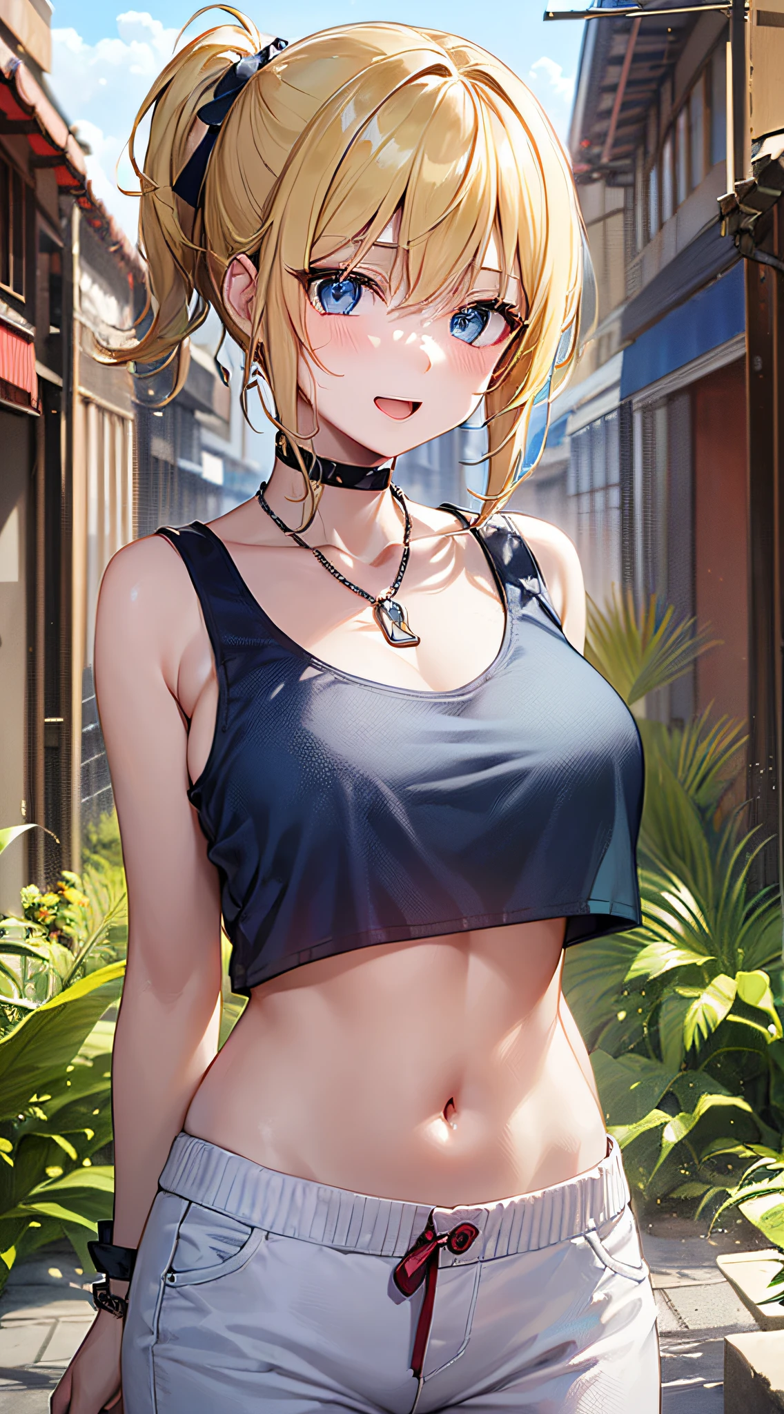 top-quality、Top image quality、masterpiece、girl with((18year old、tatteredclothing、Black Navel Tank Top、White pants、Best Bust、Bust 85、a blond、disheveled ponytail、Blue eyes、open chest wide、Happiness、Chain Accessories、Black wristband on wrist、bending forward,A slender))hiquality、visualart、Background with((Hawaiian))、masutepiece