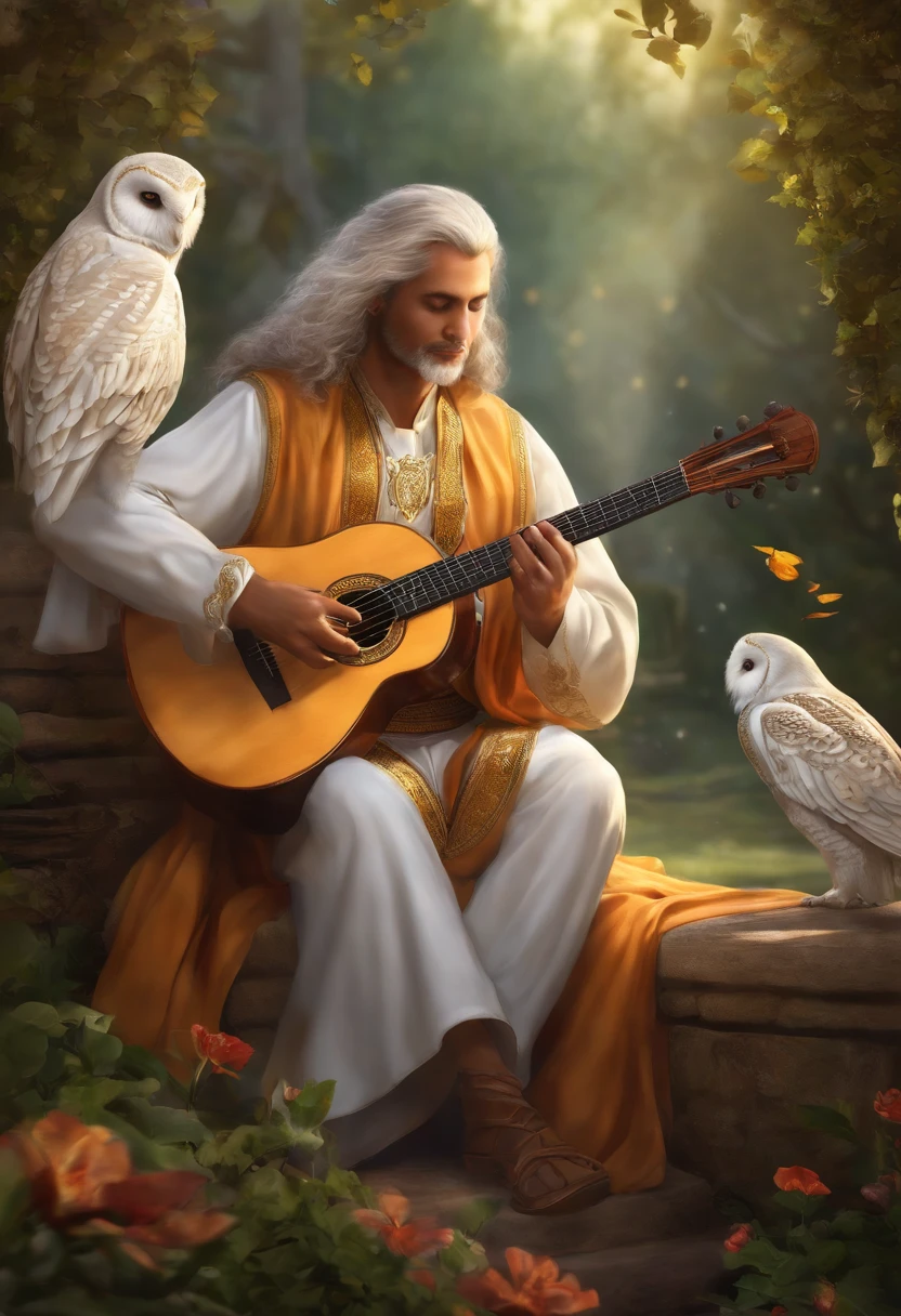 character is a Qareen, which is a race from the Storm universe. He is a skilled bard, de 45 anos, com longos cabelos dourados e olhos brilhantes. He is wearing a colorful robe with elven details, and carries with it a magical lute that emits a soft, enveloping light. His skillful hands glide down the strings of the instrument, criando melodias encantadoras que ecoam pelo ar. Ele tem um sorriso gentil no rosto, transmitindo alegria e serenidade. He has a white owl that is always flying close to his shoulder.