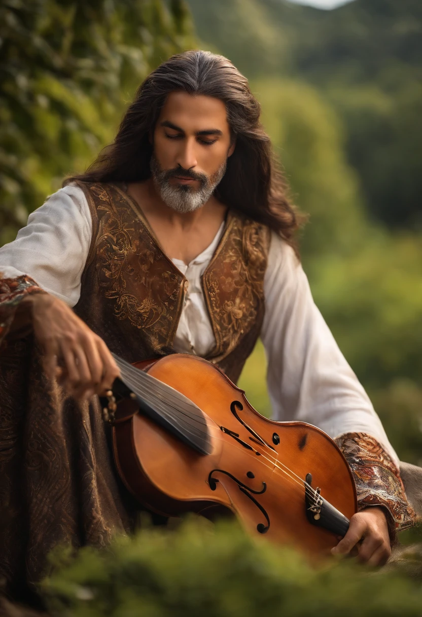 character is a Qareen, which is a race from the Storm universe. He is a skilled bard, de 45 anos, com longos cabelos dourados e olhos brilhantes. He is wearing a colorful robe with elven details, and carries with it a magical lute that emits a soft, enveloping light. His skillful hands glide down the strings of the instrument, criando melodias encantadoras que ecoam pelo ar. Ele tem um sorriso gentil no rosto, transmitindo alegria e serenidade. He has a white owl that is always flying close to his shoulder.