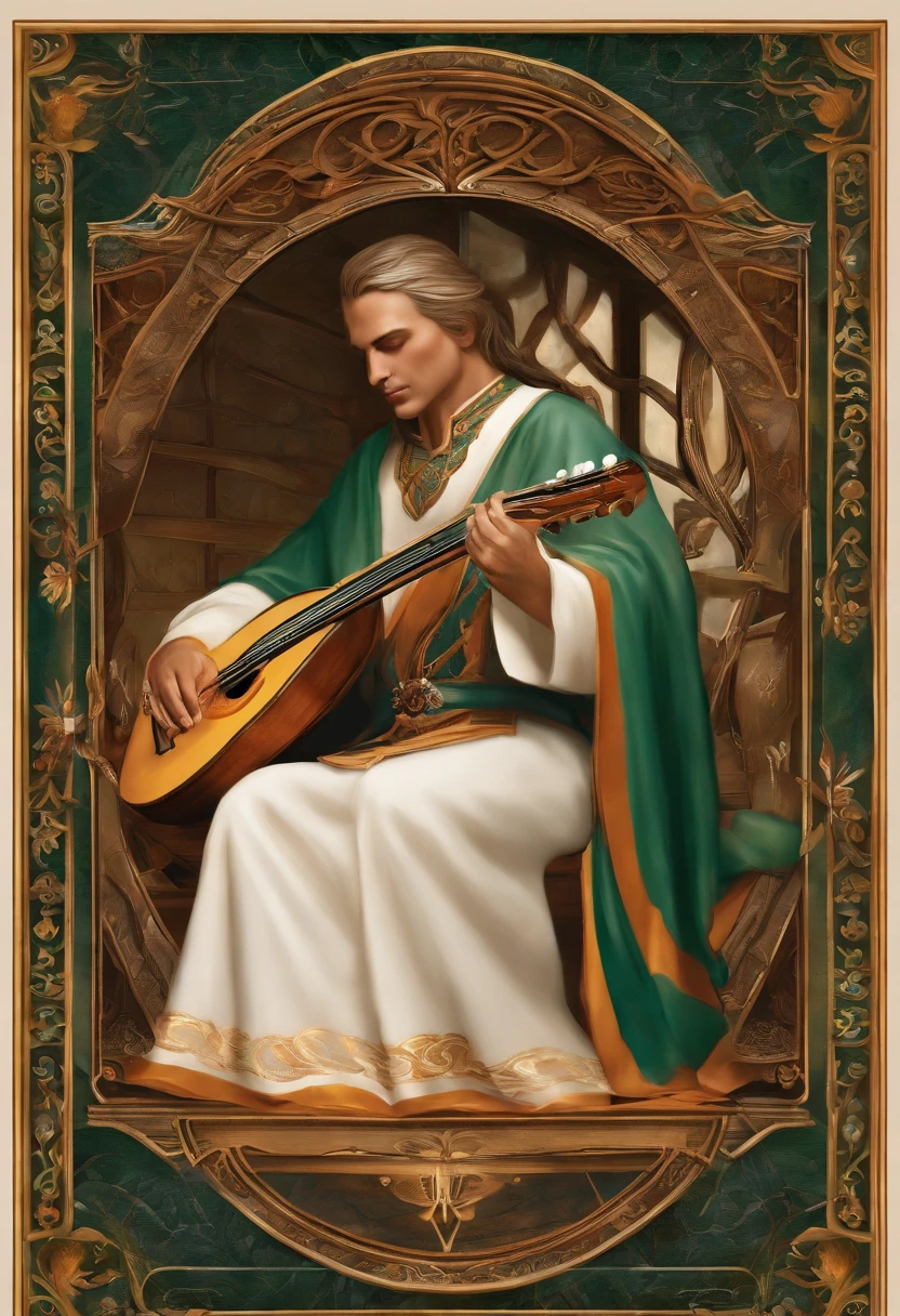 character is a Qareen, which is a race from the Storm universe. He is a skilled bard, de 45 anos, com longos cabelos dourados e olhos brilhantes. He is wearing a colorful robe with elven details, and carries with it a magical lute that emits a soft, enveloping light. His skillful hands glide down the strings of the instrument, criando melodias encantadoras que ecoam pelo ar. Ele tem um sorriso gentil no rosto, transmitindo alegria e serenidade. He has a white owl that is always flying close to his shoulder.