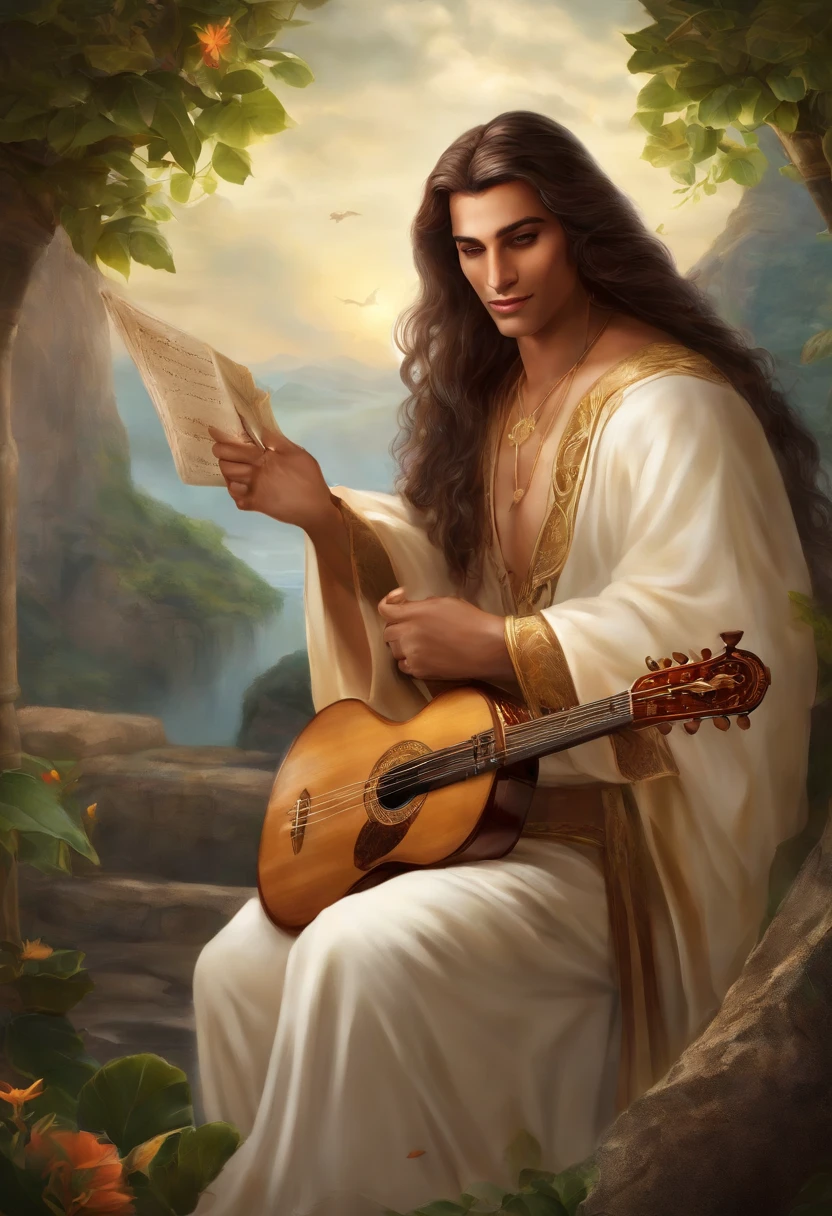 character is a Qareen, which is a race from the Storm universe. He is a skilled bard, de 45 anos, com longos cabelos dourados e olhos brilhantes. He is wearing a colorful robe with elven details, and carries with it a magical lute that emits a soft, enveloping light. His skillful hands glide down the strings of the instrument, criando melodias encantadoras que ecoam pelo ar. Ele tem um sorriso gentil no rosto, transmitindo alegria e serenidade. He has a white owl that is always flying close to his shoulder.
