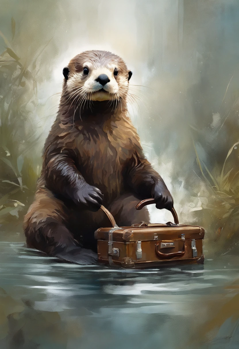 Perfect centering, Cute sea otters, Pulling the suitcase, sad， are worn，Abstract beauty, Centered, With his back to the camera, nearing perfection, Dynamic, Highly detailed, smooth, Sharp focus, 8K, high definition resolution, illustration, Art by Carne Griffiths and Wadim Kashin, White background