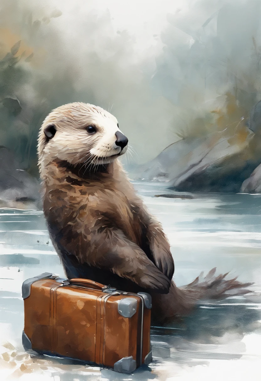 Perfect centering, Cute sea otters, Pulling the suitcase, sad, are worn,Abstract beauty, Centered, With his back to the camera, nearing perfection, Dynamic, Highly detailed, smooth, Sharp focus, 8K, high definition resolution, illustration, Art by Carne Griffiths and Wadim Kashin, White background