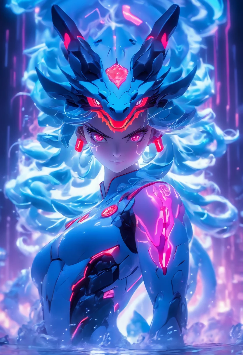 ChinesischDrache, (Blind Box Spielzeug Stil:1.2), (full-body shot) , 1 Transparent Girl,Hinter ihm steht ein durchsichtiger chinesischer Drache, Transparenter Mech, Exquisiter Helm:1.2, Leuchtende Brille:1.2, Cyberpunk, Dreamy glow, leuchtende Neonlichter, sauber, white background, ( Globale Beleuchtung, Rochen-Traching, HDR, Unwirkliches Rendern,Reasonable design, Hohe Detailgenauigkeit, Meisterwerk, best quality, hyper HD, Filmische Beleuchtung)