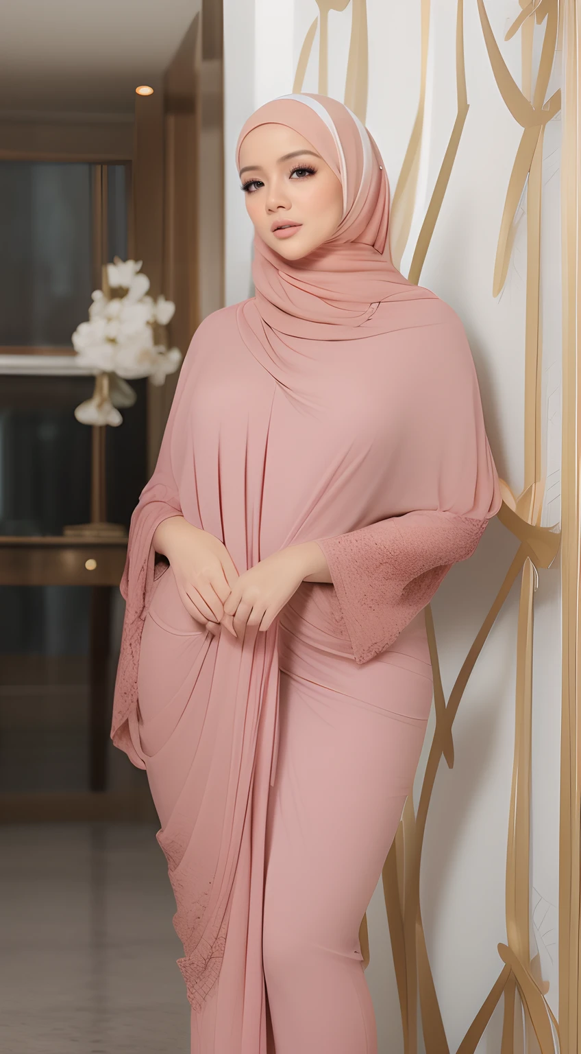 (NSFW,highres:1.2),mirafilzah,perfect body shape, slim waist, curvy hourglass figure, full body picture, skinny waist and thick hips,full body view,big boobs,wearing tight dress,beautiful detailed eyes,long eyelashes,natural makeup,soft smile,she has a jiggly fat round belly,vivid colors,studio lighting,physically-based rendering,digital artwork,bokeh