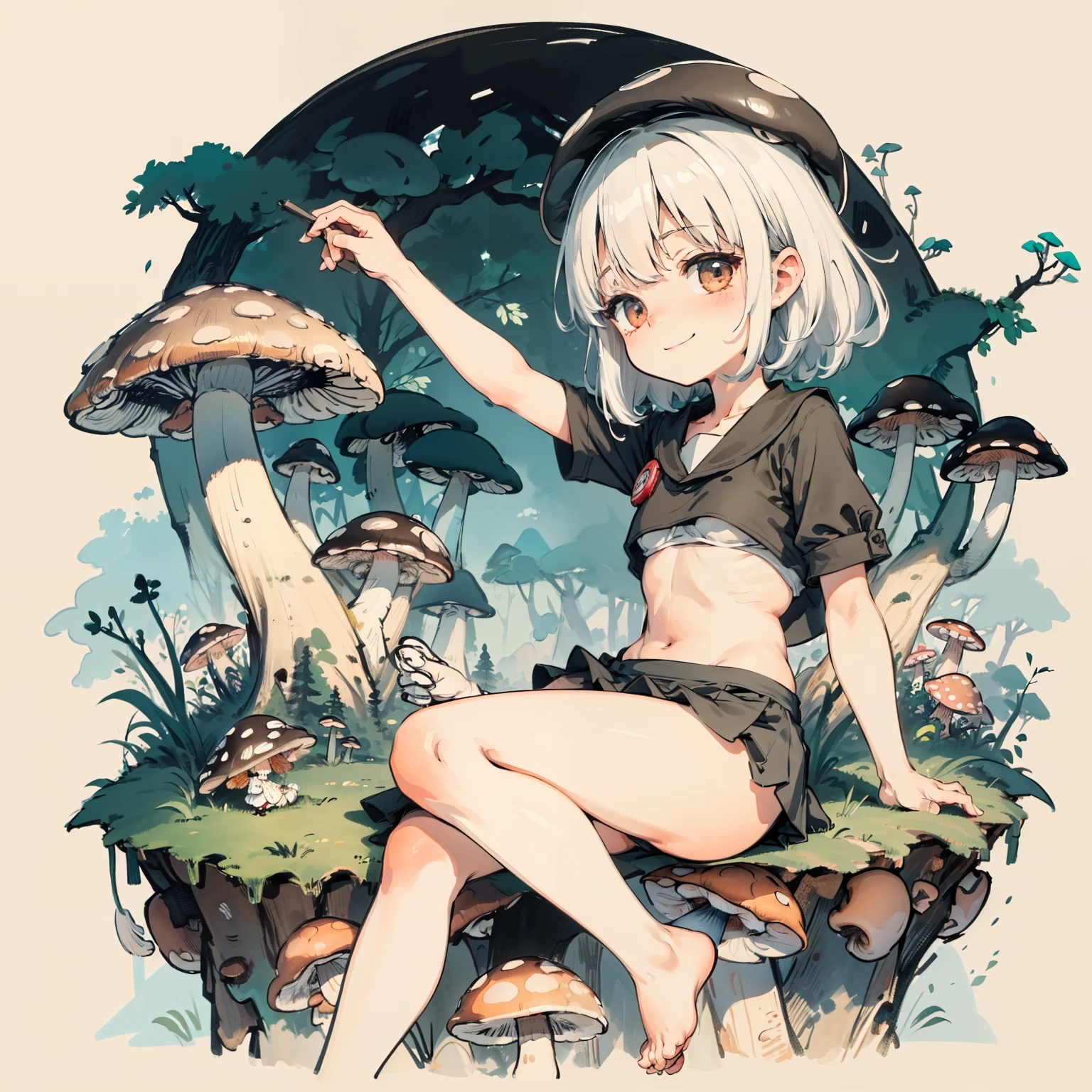 Simple drawing, Mushrooms and girls, tchibi, Cute, Big smile, Dark room, glowing mushrooms, Mushrooms + Mushrooms + Mushrooms + Mushrooms + Mushrooms, Mushrooms on the head, From the side Side,Dancing,Watercolor illustration, Perfect anatomy, Masterpiece, Best quality, 1girll, ,elementary student, Solo, (with short white hair:1.2),Nature, landscape