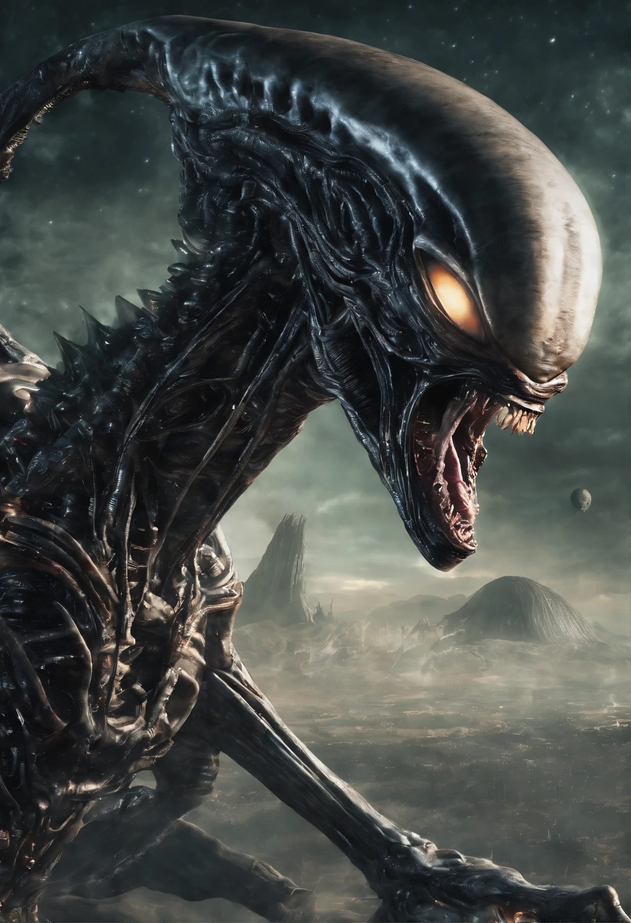 masterpiece, best quality, creepy terrifying monster chasing humans